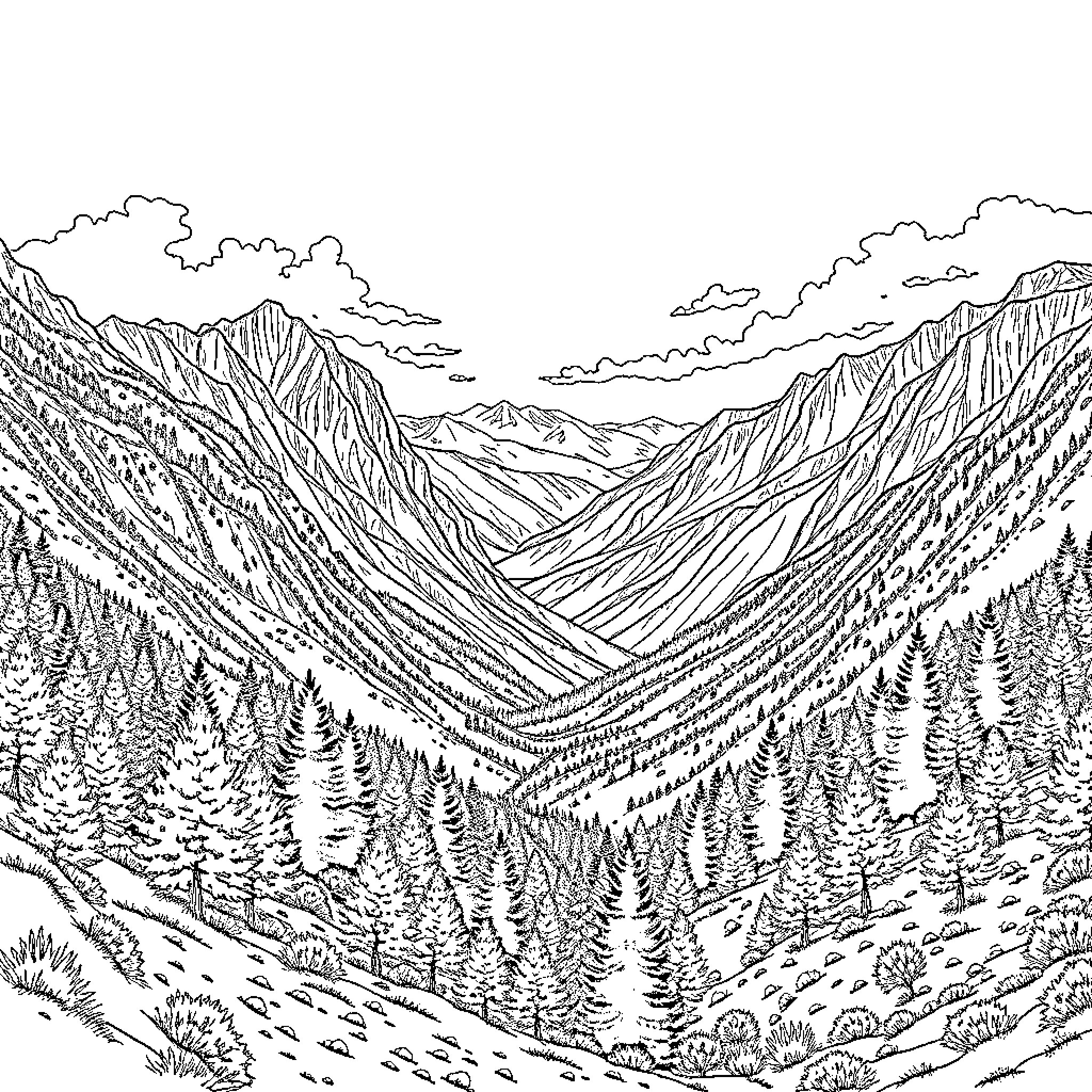Vall de Nuria: Majestic Mountain Landscape with Hiking Trails Coloring Page (free black-and-white line drawing printable PDF for all, from beginners to advanced learners, including children, teens, adults, and seniors)