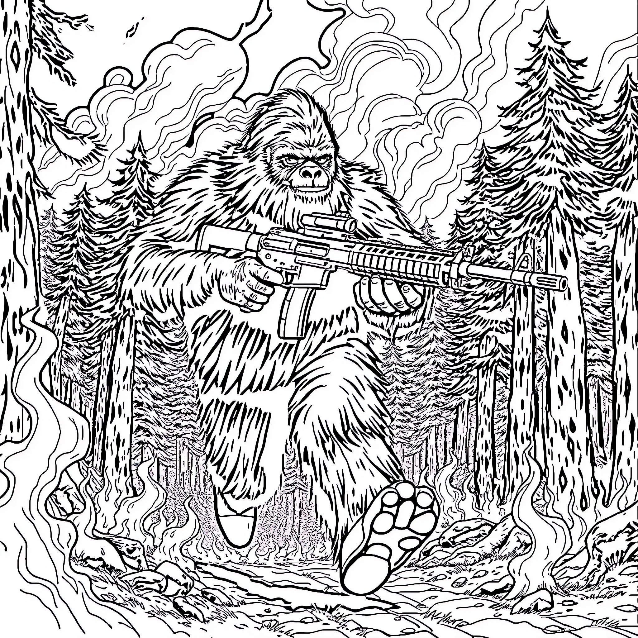 Sasquatch armed in the wilderness Coloring Page (free black-and-white line drawing printable PDF for all, from beginners to advanced learners, including children, teens, adults, and seniors)