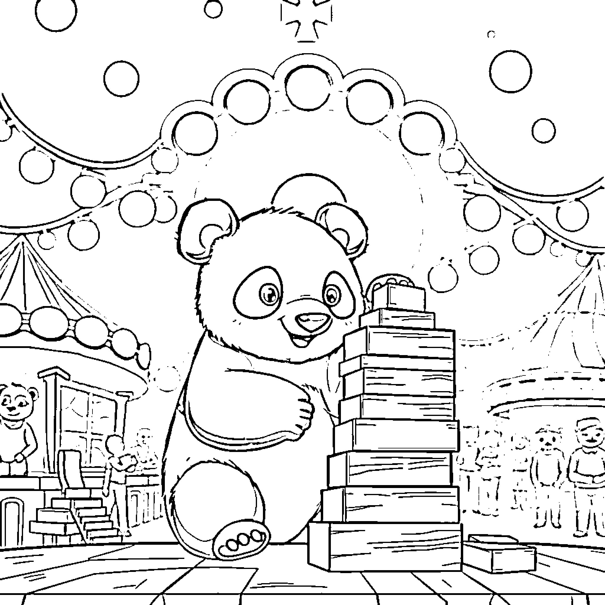 Panda playing with toys in a playful scene Coloring Page (free black-and-white line drawing printable PDF for all, from beginners to advanced learners, including children, teens, adults, and seniors)