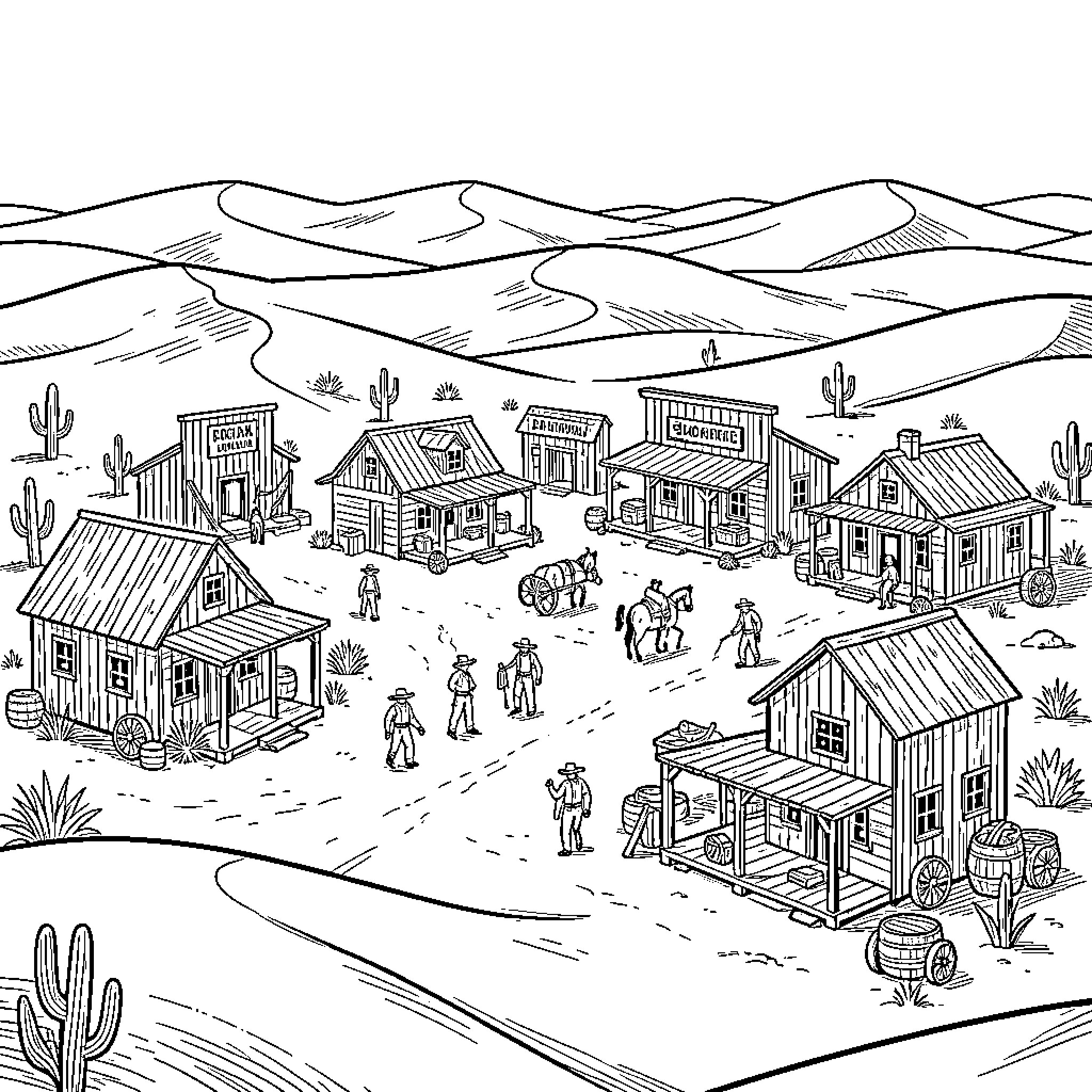 Cowboy town bustling with activity in the desert landscape Coloring Page (free black-and-white line drawing printable PDF for all, from beginners to advanced learners, including children, teens, adults, and seniors)