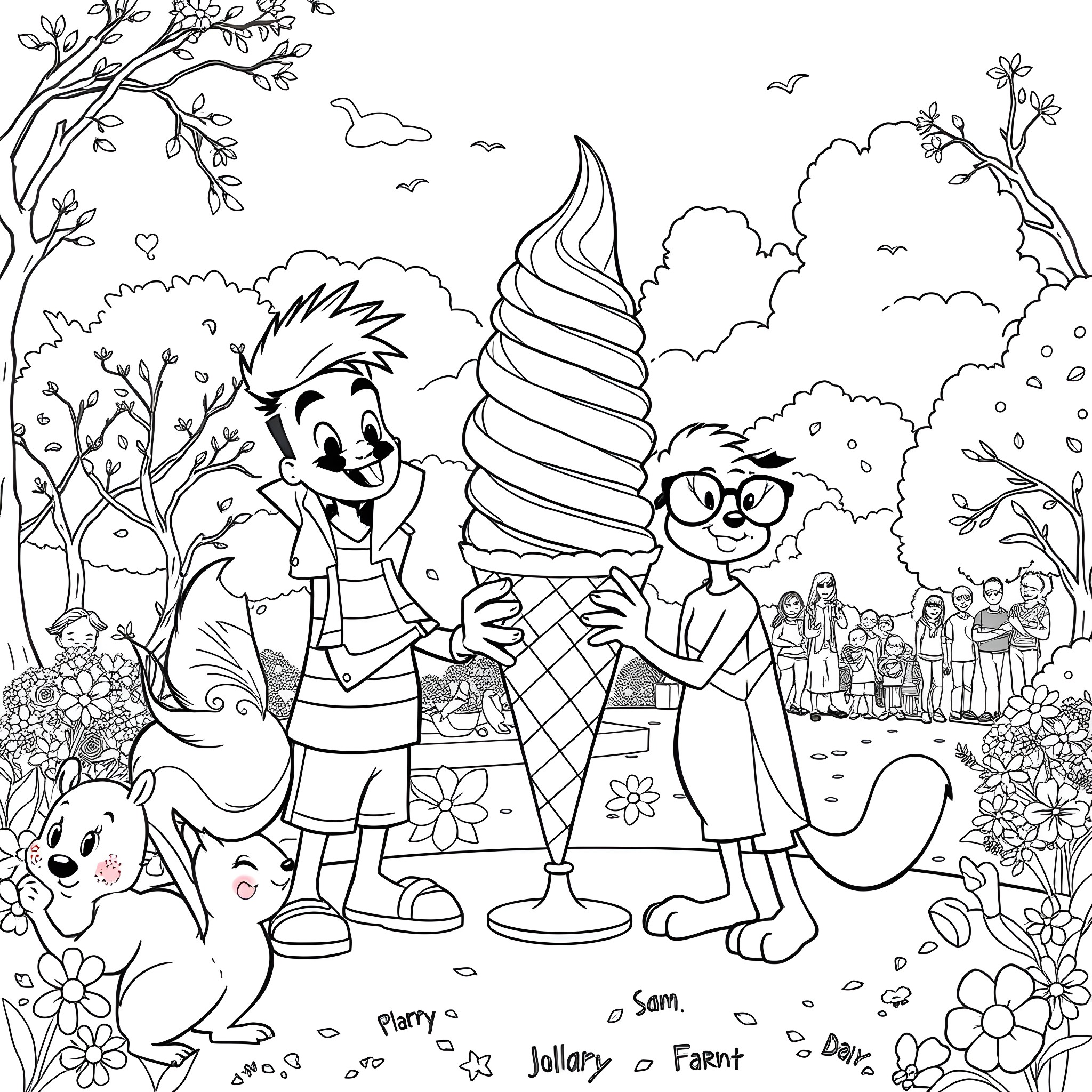 Sam and Max have a picnic with their animal friends Coloring Page (free black-and-white line drawing printable PDF for all, from beginners to advanced learners, including children, teens, adults, and seniors)