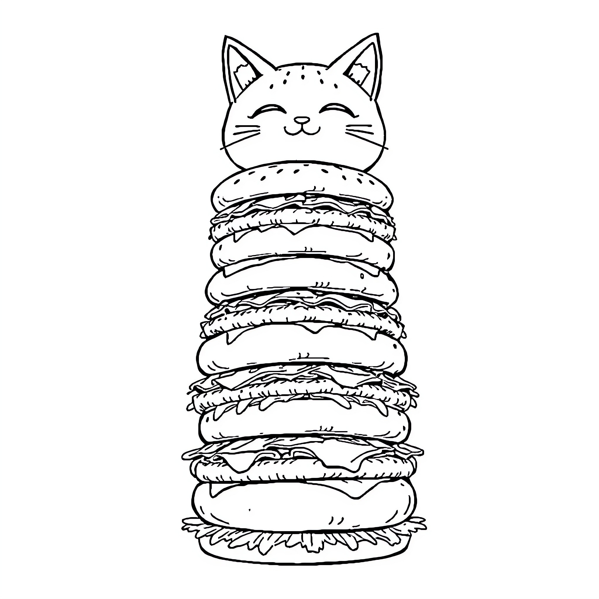 Cat in a stack of burgers Coloring Page (free black-and-white line drawing printable PDF for all, from beginners to advanced learners, including children, teens, adults, and seniors)