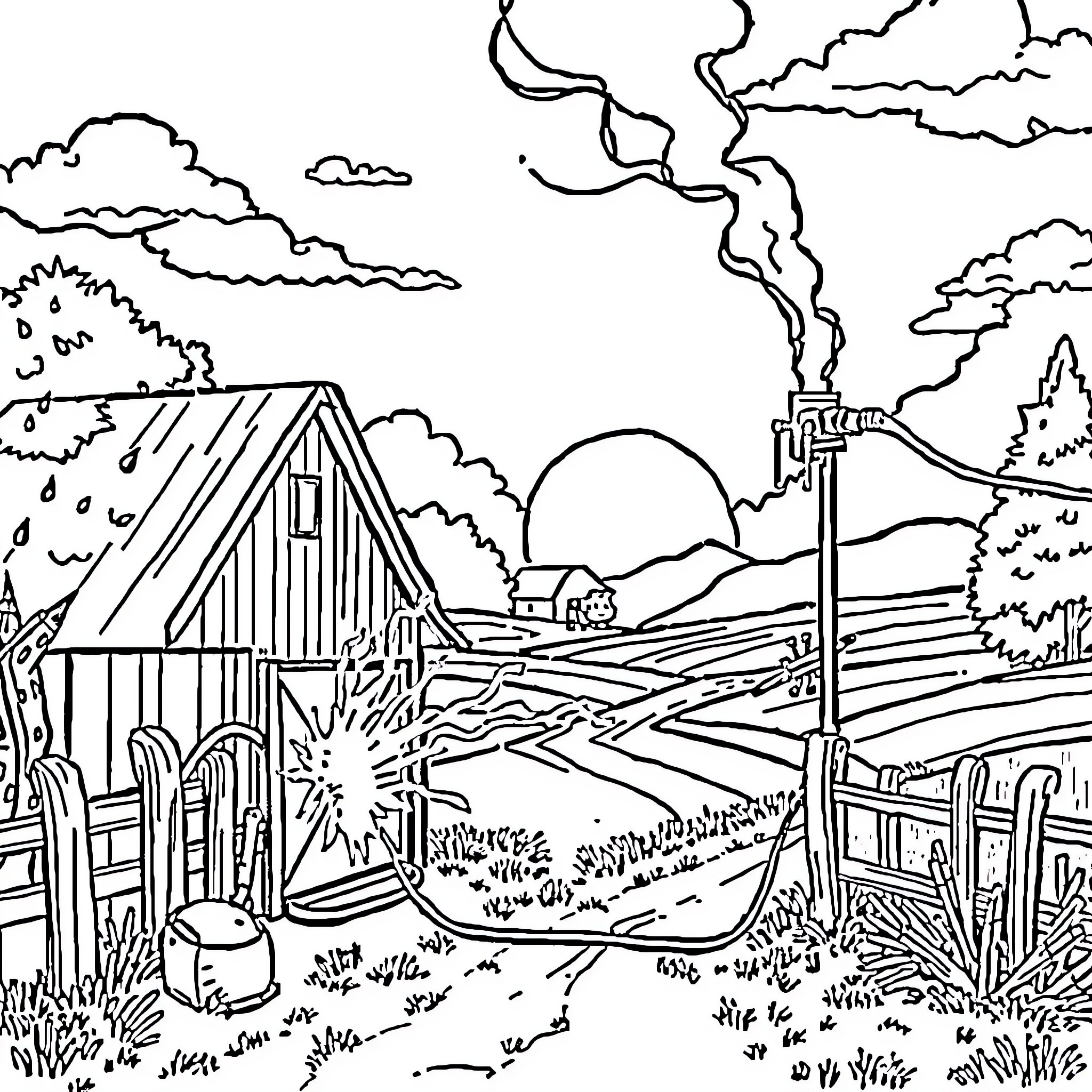 Circuit of Rural Farm Landscape and Structures Coloring Page (free black-and-white line drawing printable PDF for all, from beginners to advanced learners, including children, teens, adults, and seniors)