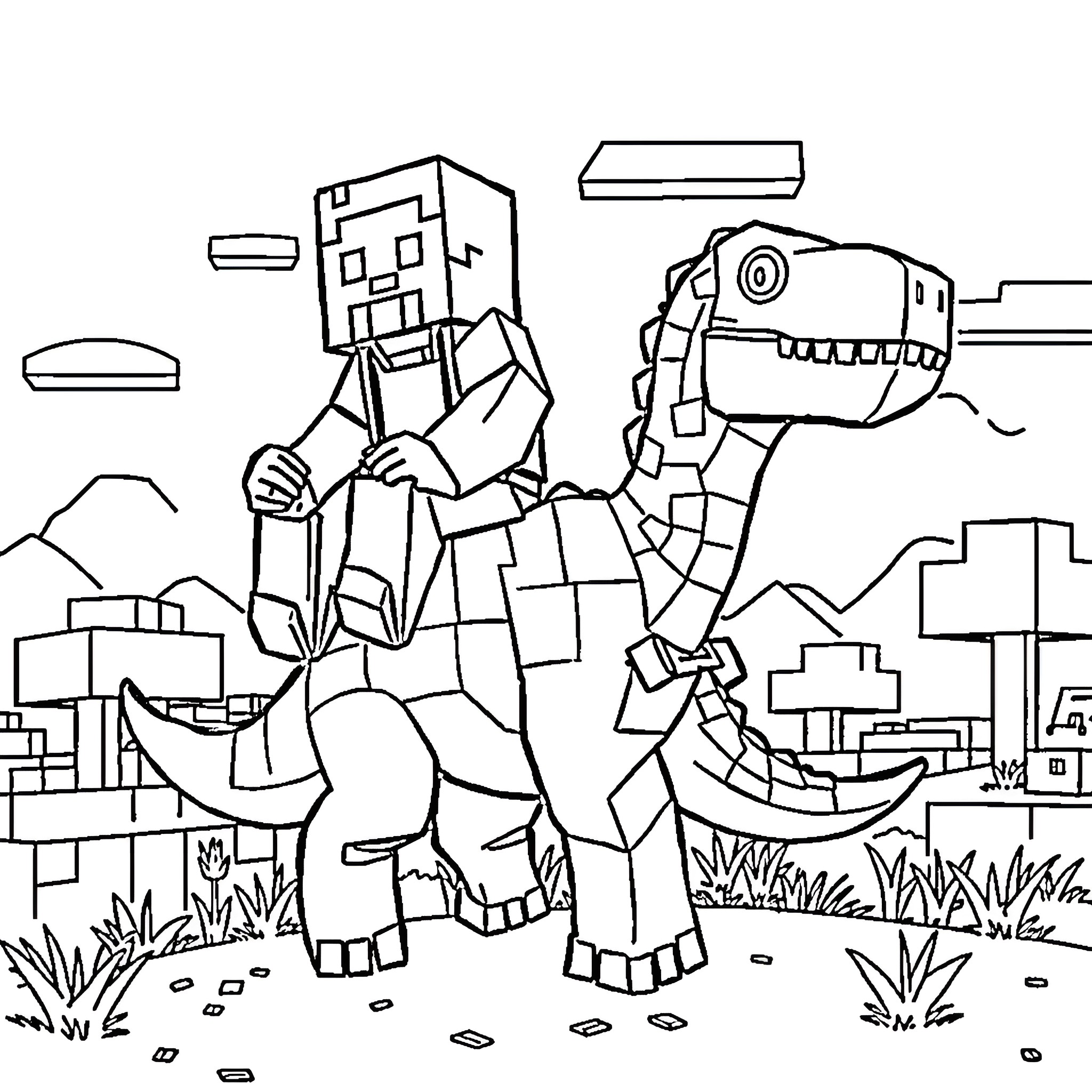 Minecraft Person riding on a Dinosaur in a Blocky World Coloring Page (free black-and-white line drawing printable PDF for all, from beginners to advanced learners, including children, teens, adults, and seniors)