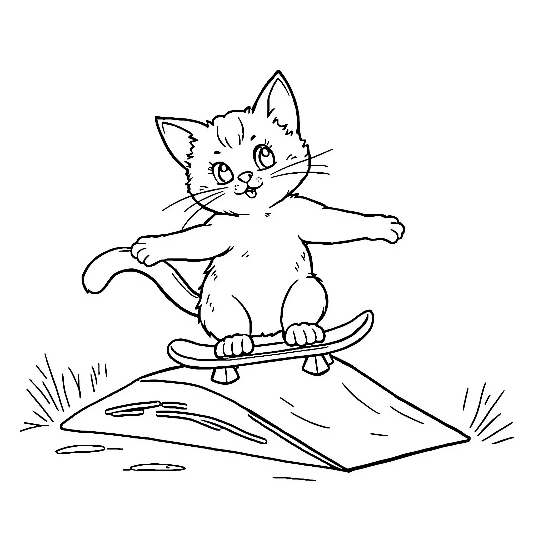 Cat riding a skateboard on a hill Coloring Page (free black-and-white line drawing printable PDF for all, from beginners to advanced learners, including children, teens, adults, and seniors)