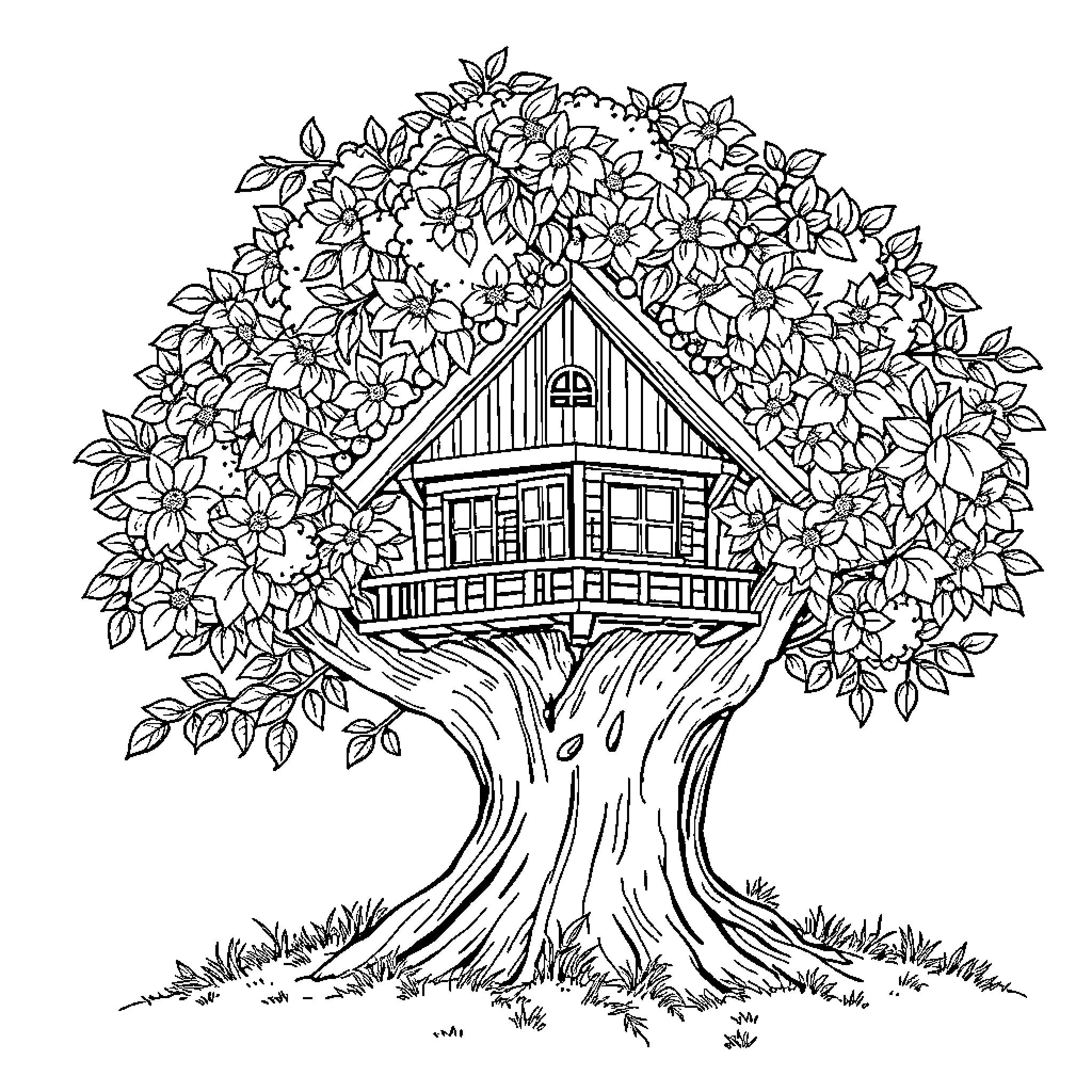 Treehouse surrounded by blooming flowers Coloring Page (free black-and-white line drawing printable PDF for all, from beginners to advanced learners, including children, teens, adults, and seniors)