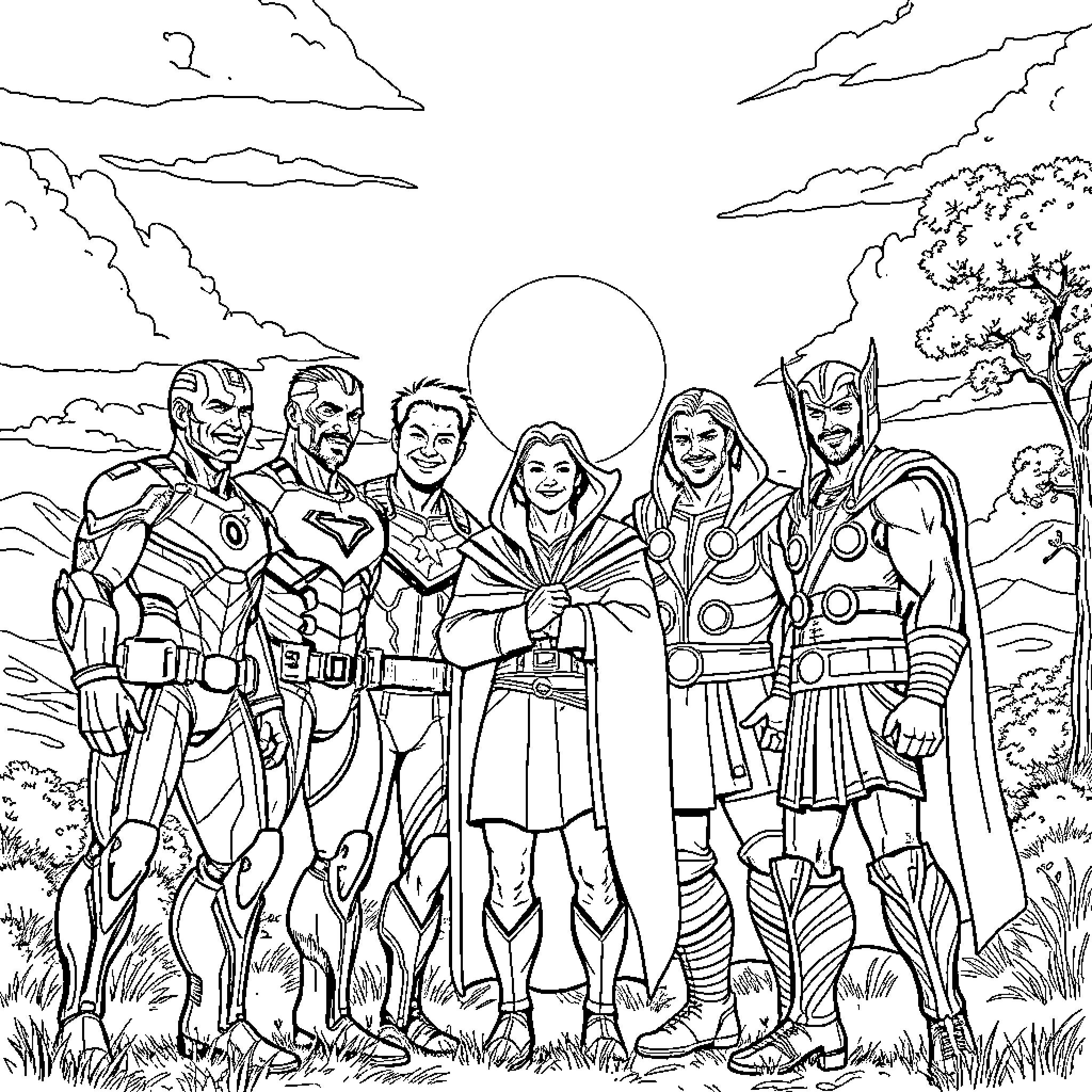 Avengers assembled in heroic poses Coloring Page (free black-and-white line drawing printable PDF for all, from beginners to advanced learners, including children, teens, adults, and seniors)