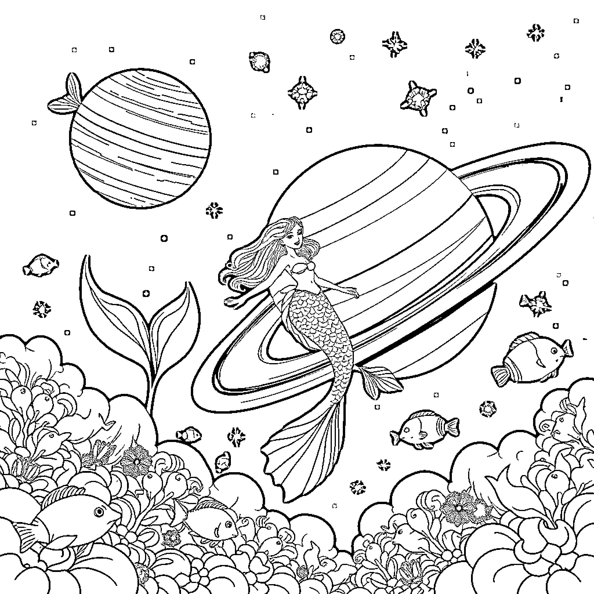 Mermaid exploring the cosmic ocean with marine life Coloring Page (free black-and-white line drawing printable PDF for all, from beginners to advanced learners, including children, teens, adults, and seniors)