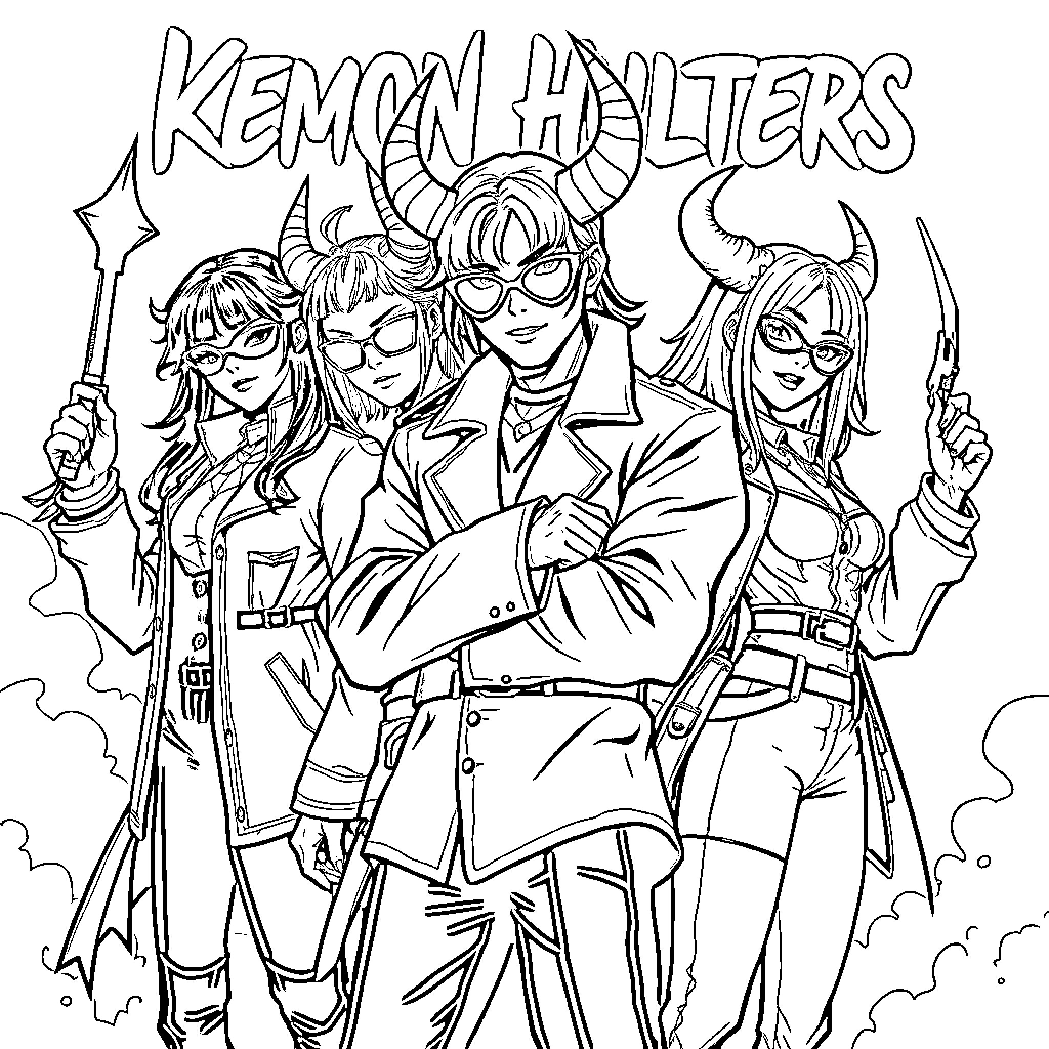 Demon Hunter Squad in Action Coloring Page (free black-and-white line drawing printable PDF for all, from beginners to advanced learners, including children, teens, adults, and seniors)