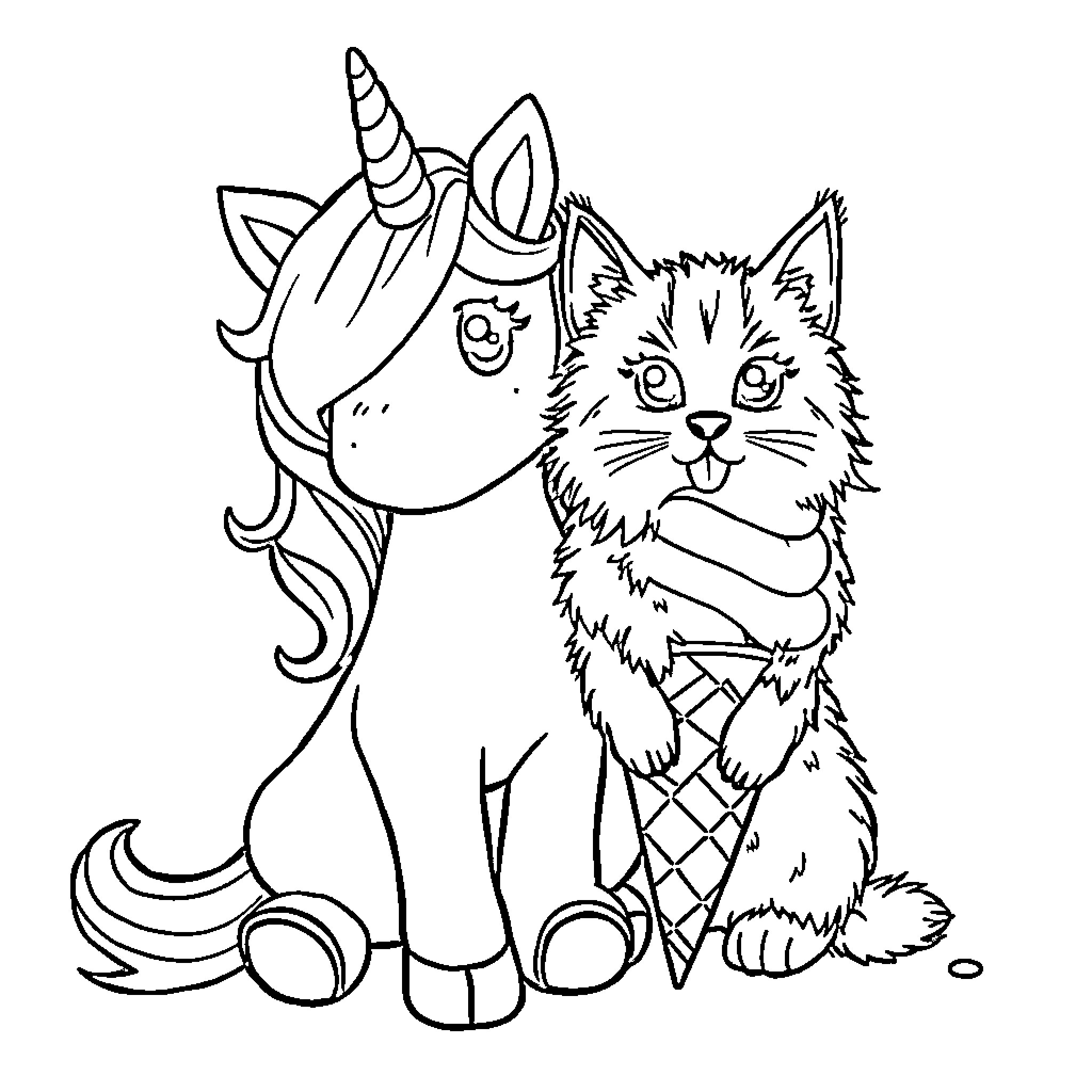 Unicorn and furry friend sharing an ice cream Coloring Page (free black-and-white line drawing printable PDF for all, from beginners to advanced learners, including children, teens, adults, and seniors)