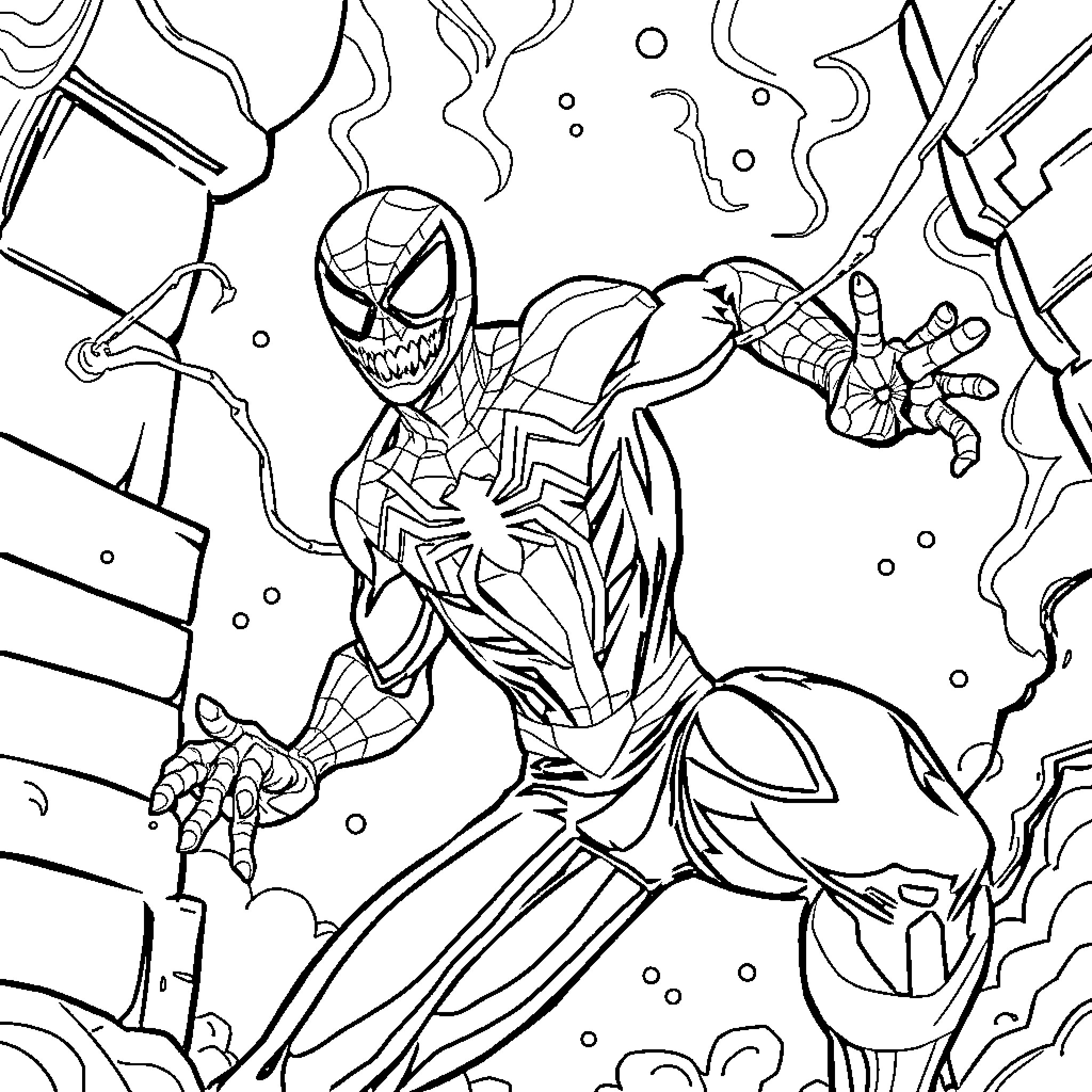 Spiderman fights villains in action-packed scene Coloring Page (free black-and-white line drawing printable PDF for all, from beginners to advanced learners, including children, teens, adults, and seniors)