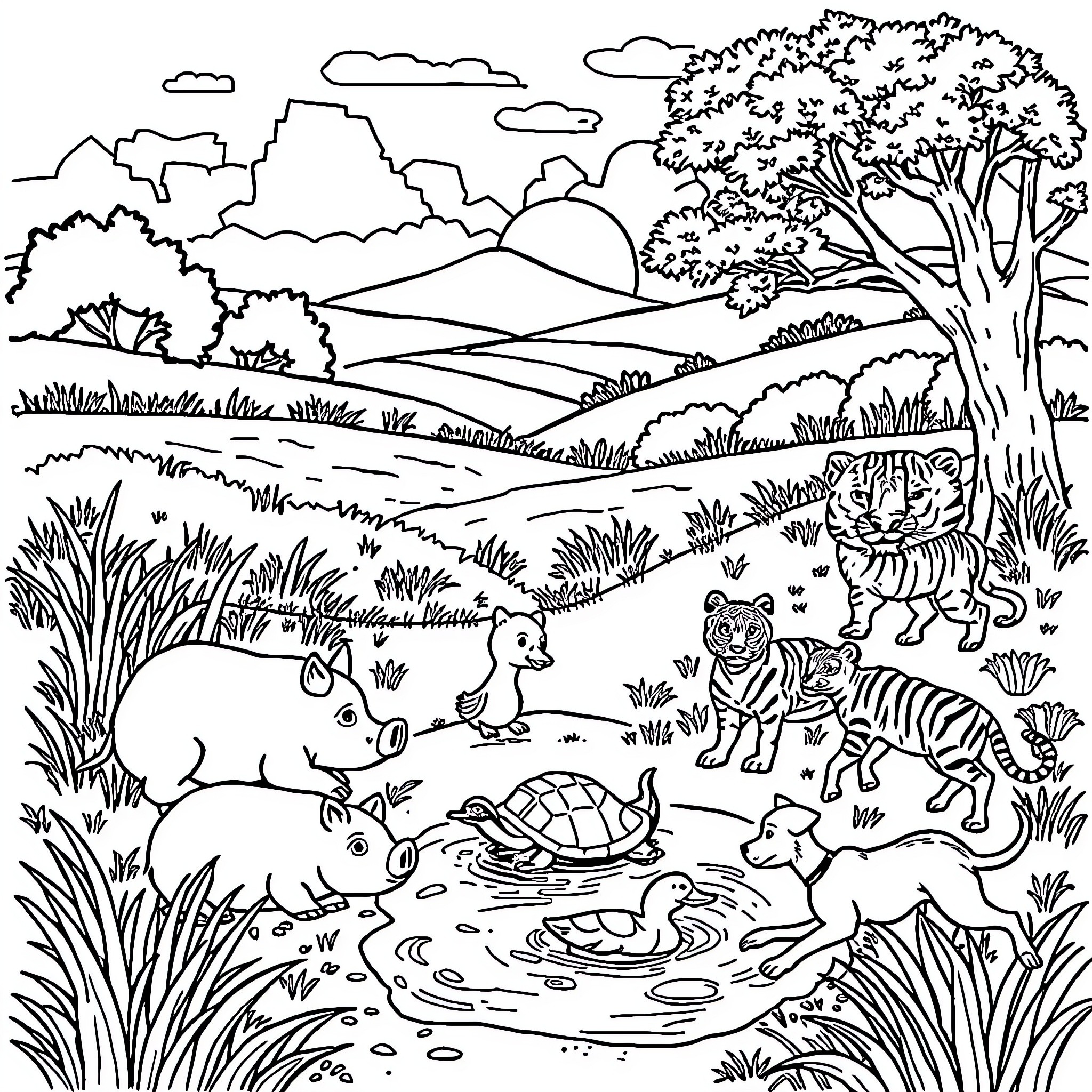 Animal friends in a natural landscape Coloring Page (free black-and-white line drawing printable PDF for all, from beginners to advanced learners, including children, teens, adults, and seniors)
