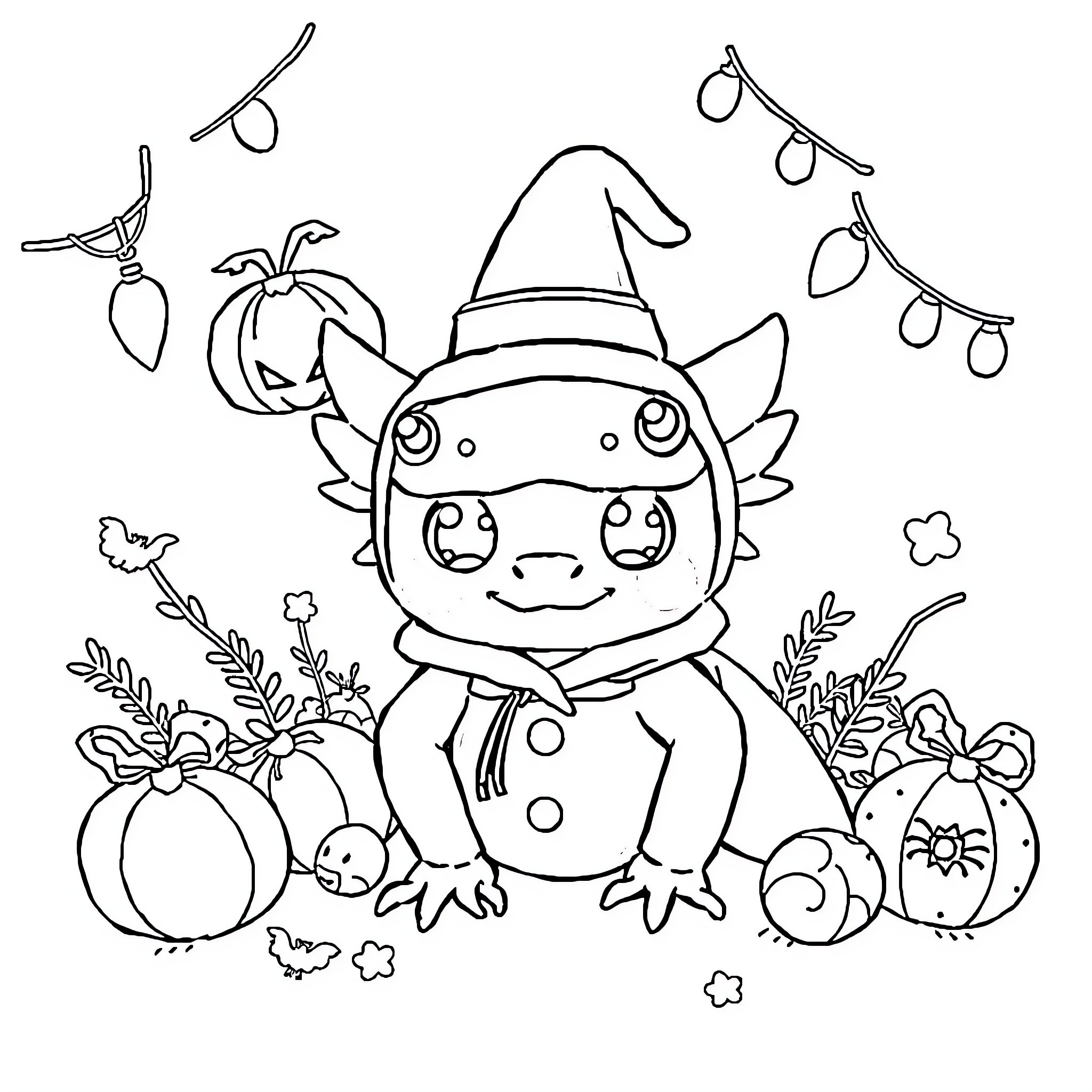 Axolotl celebrating Halloween with festive decorations Coloring Page (free black-and-white line drawing printable PDF for all, from beginners to advanced learners, including children, teens, adults, and seniors)