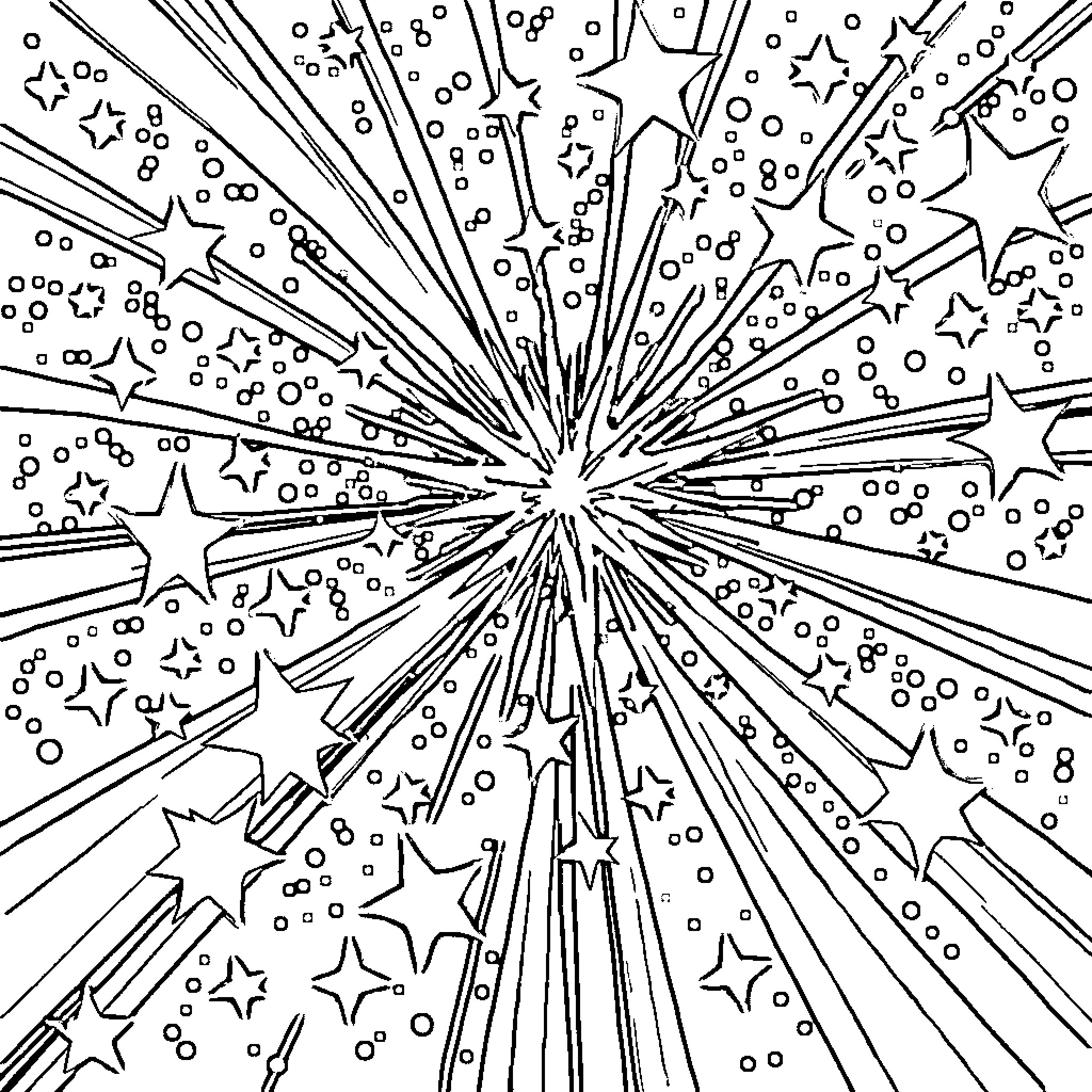 Starfield of Shining Stars and Bursts of Light Coloring Page (free black-and-white line drawing printable PDF for all, from beginners to advanced learners, including children, teens, adults, and seniors)