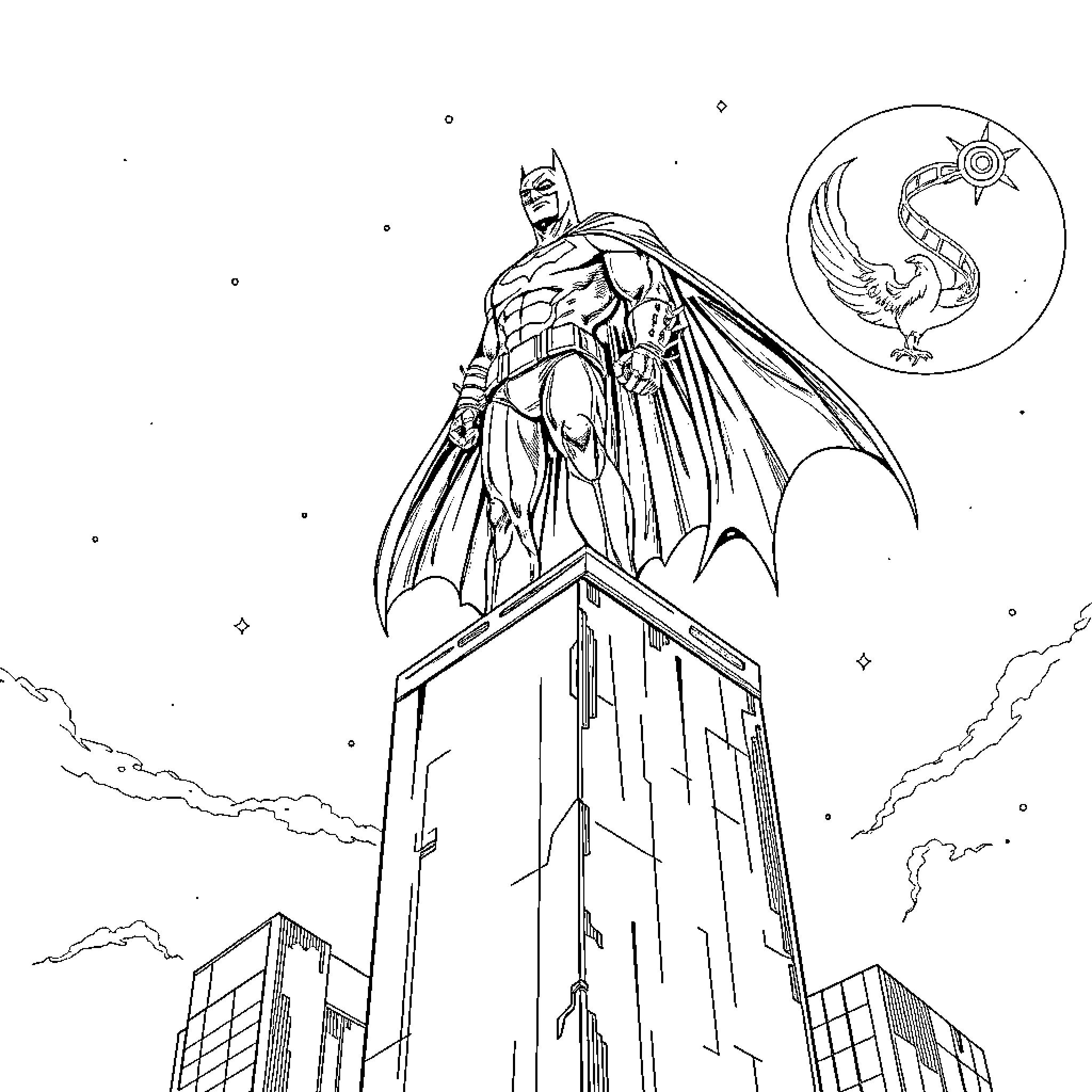 Batman surveying the city from a rooftop Coloring Page (free black-and-white line drawing printable PDF for all, from beginners to advanced learners, including children, teens, adults, and seniors)