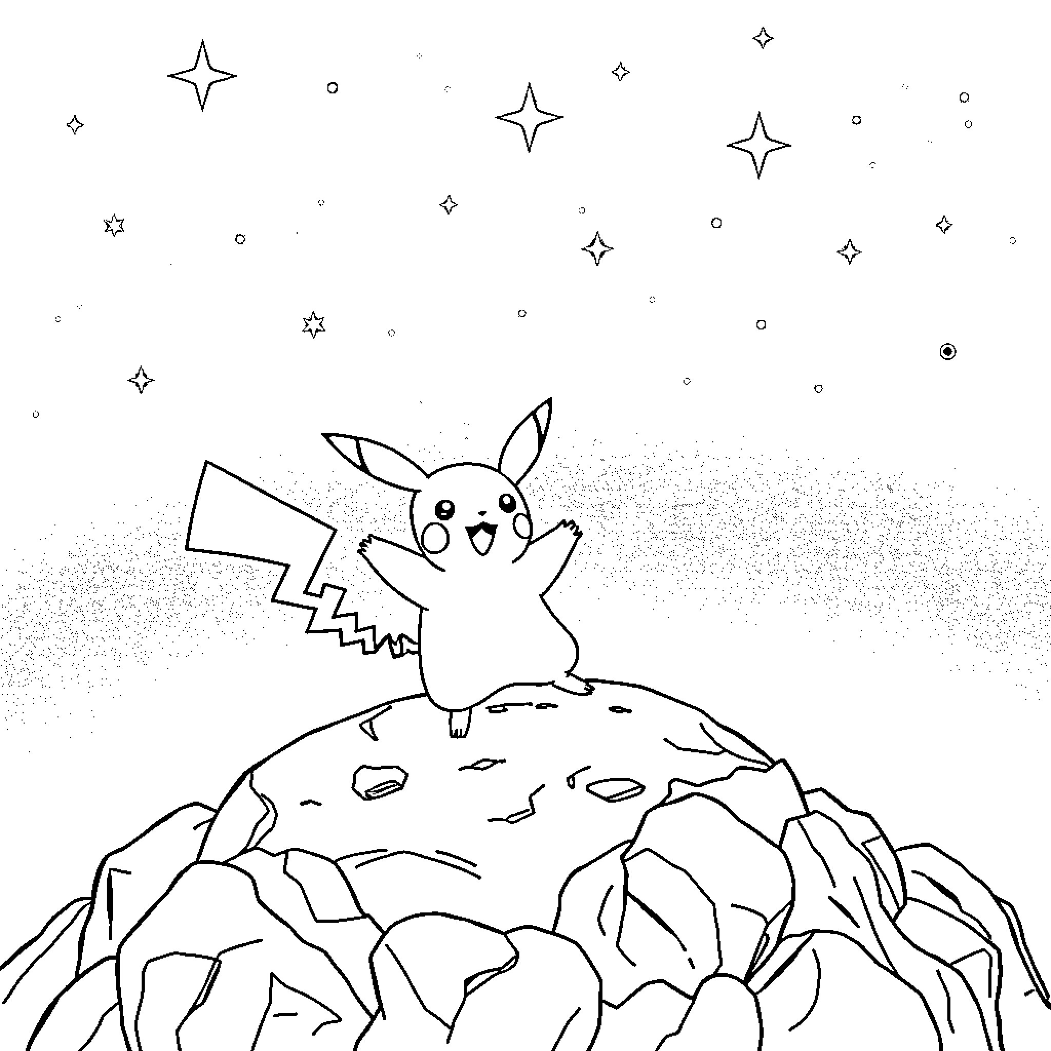 Pikachu exploring a starry landscape Coloring Page (free black-and-white line drawing printable PDF for all, from beginners to advanced learners, including children, teens, adults, and seniors)