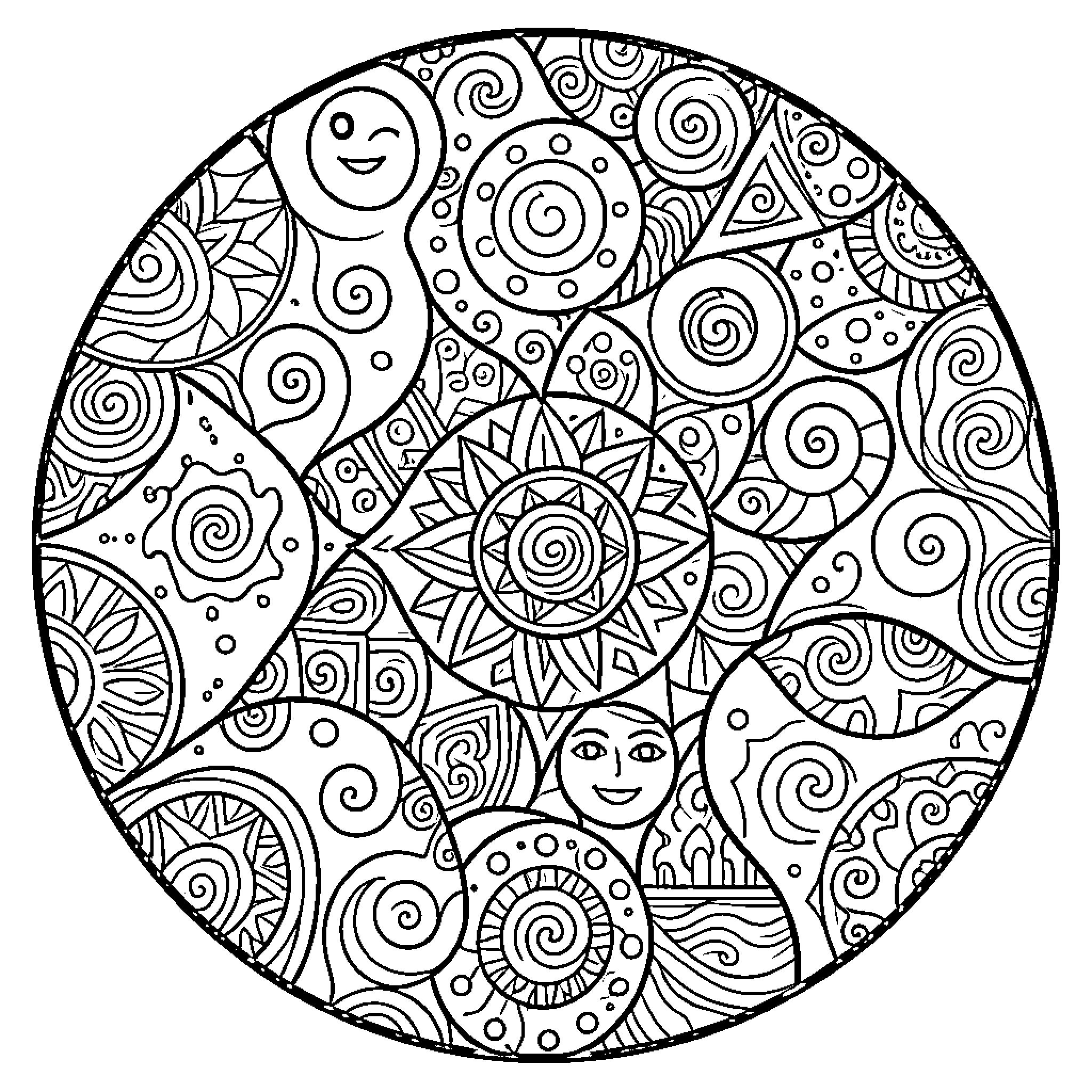 Circle of Whimsical Patterns and Smiling Faces Coloring Page (free black-and-white line drawing printable PDF for all, from beginners to advanced learners, including children, teens, adults, and seniors)