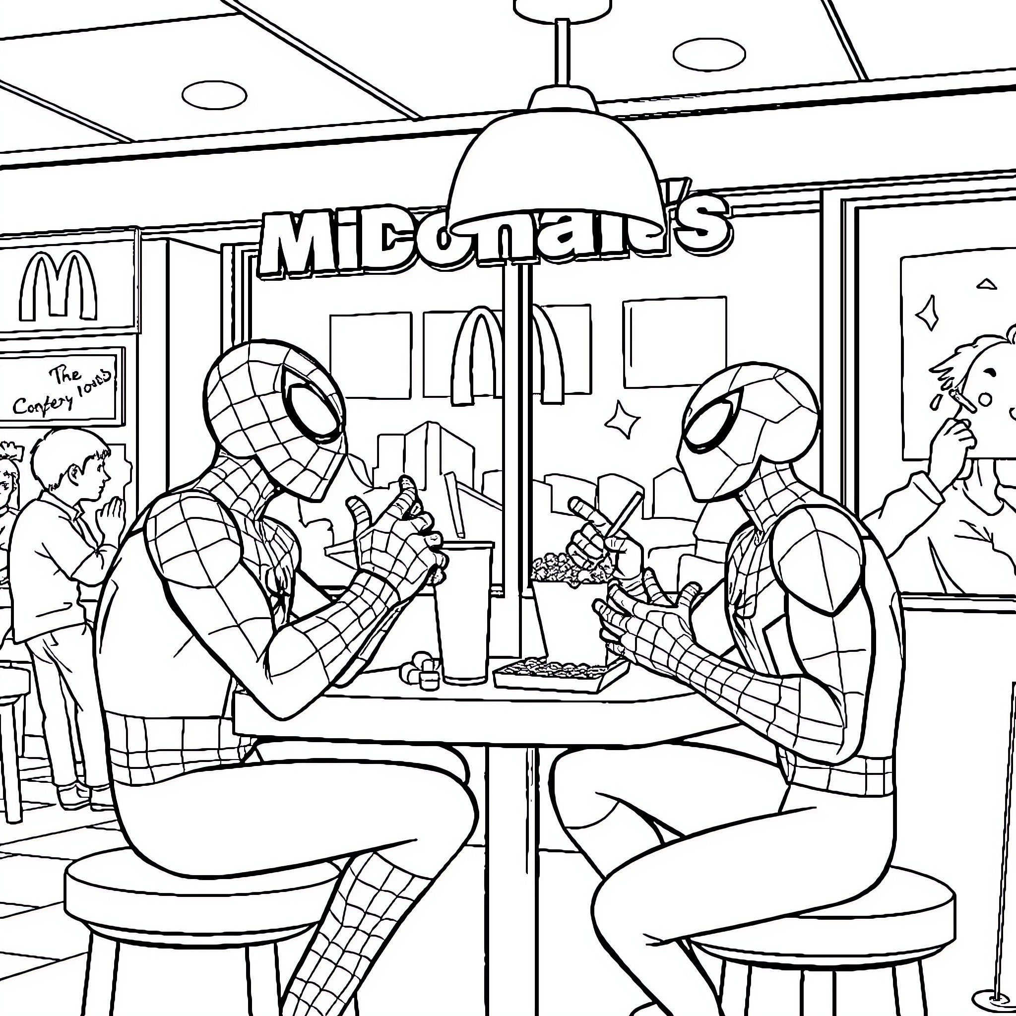 Spiderman enjoying a meal with fellow heroes at McDonald's Coloring Page (free black-and-white line drawing printable PDF for all, from beginners to advanced learners, including children, teens, adults, and seniors)