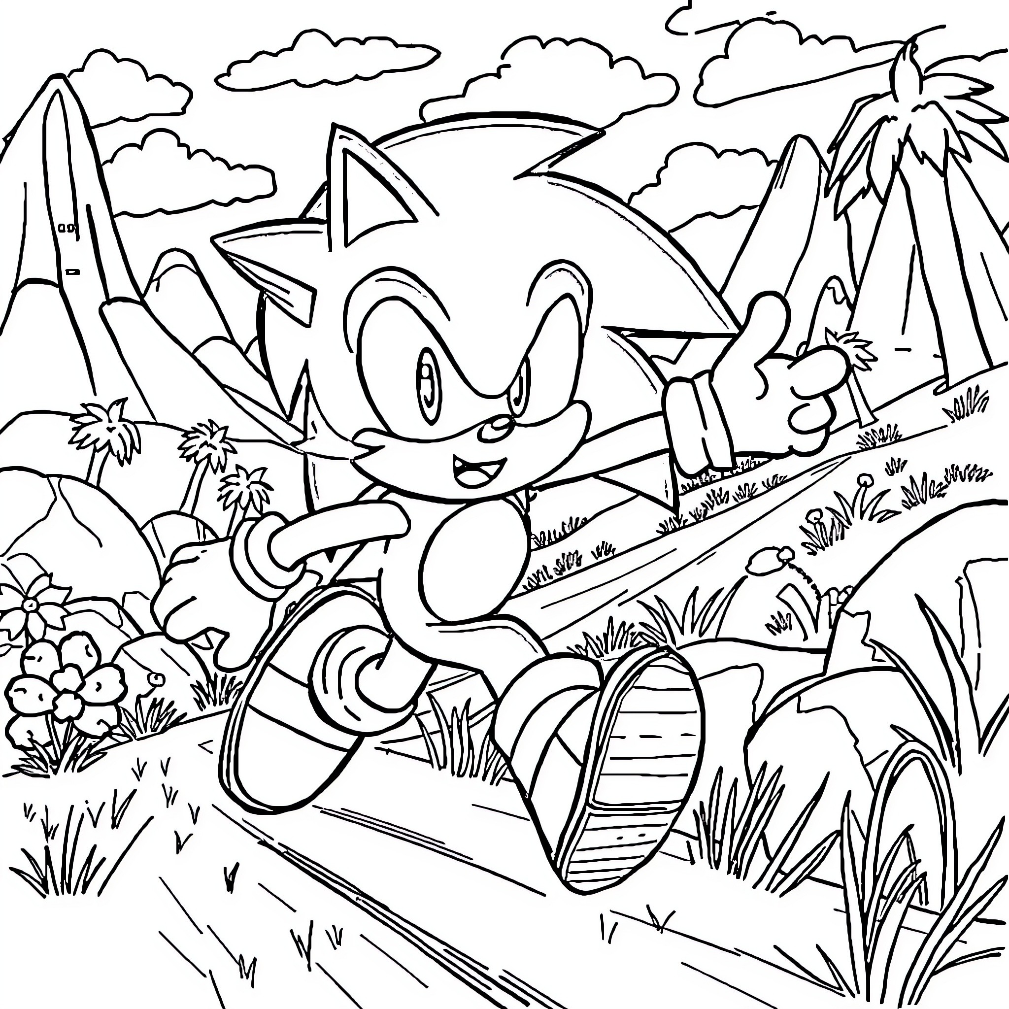 Sonic's Adventurous Explorations in the Lush Landscape Coloring Page (free black-and-white line drawing printable PDF for all, from beginners to advanced learners, including children, teens, adults, and seniors)