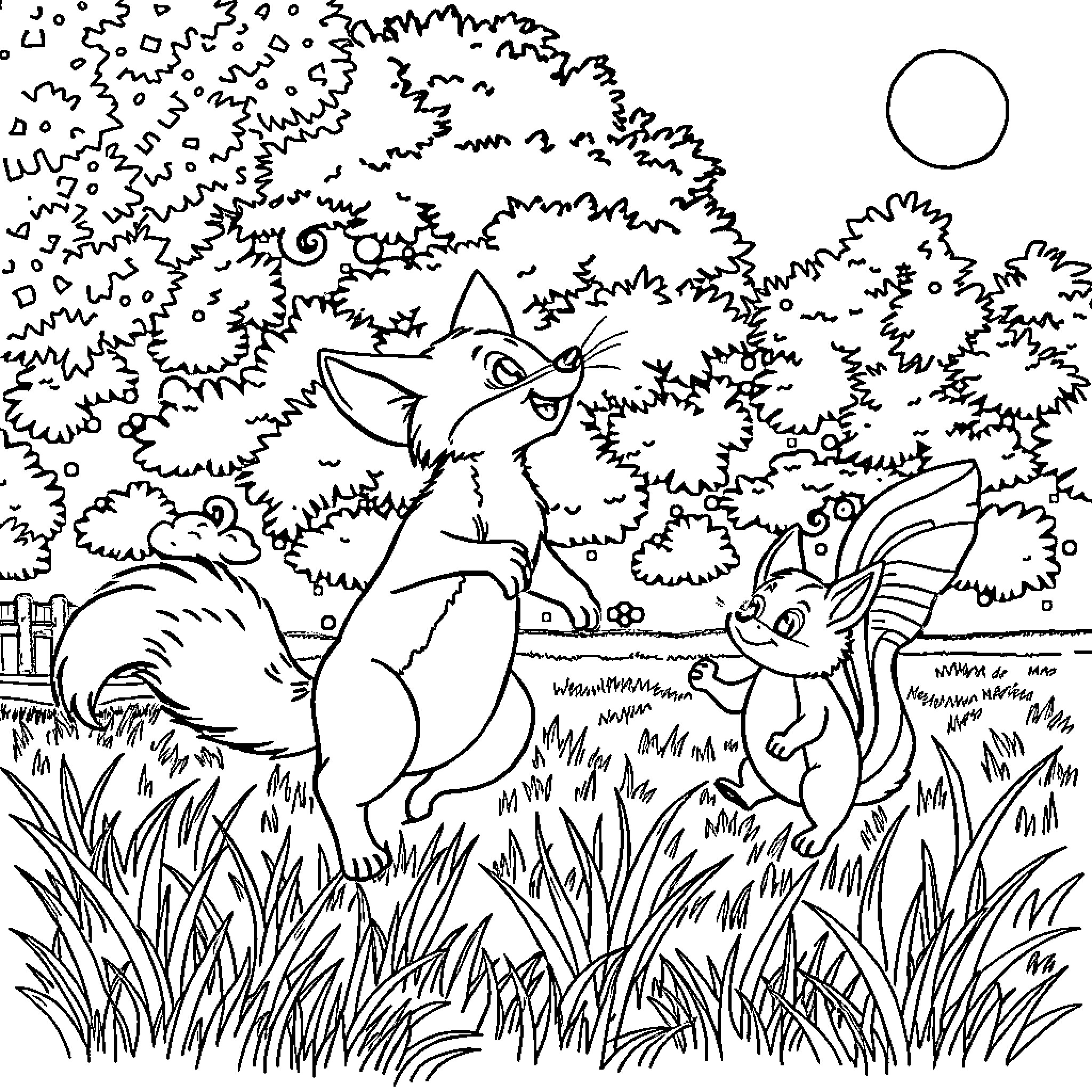 Zorro and Woodland Friends in Starry Night Coloring Page (free black-and-white line drawing printable PDF for all, from beginners to advanced learners, including children, teens, adults, and seniors)