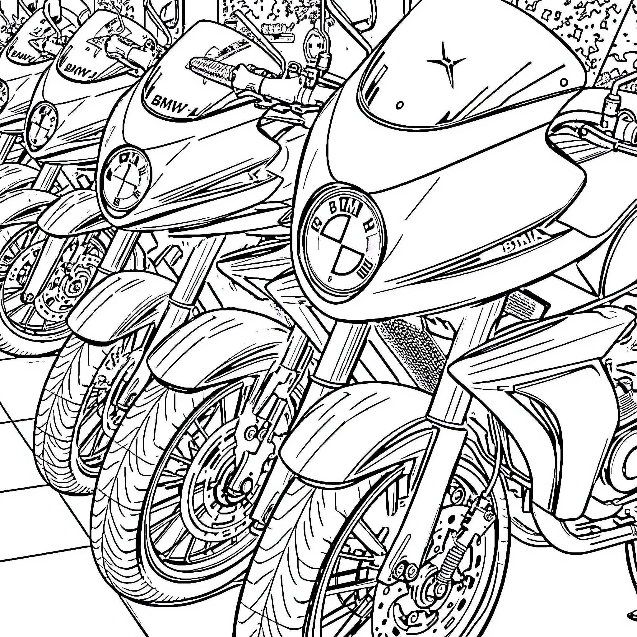 BMW Motorcycle racing on the track Coloring Page (free black-and-white line drawing printable PDF for all, from beginners to advanced learners, including children, teens, adults, and seniors)