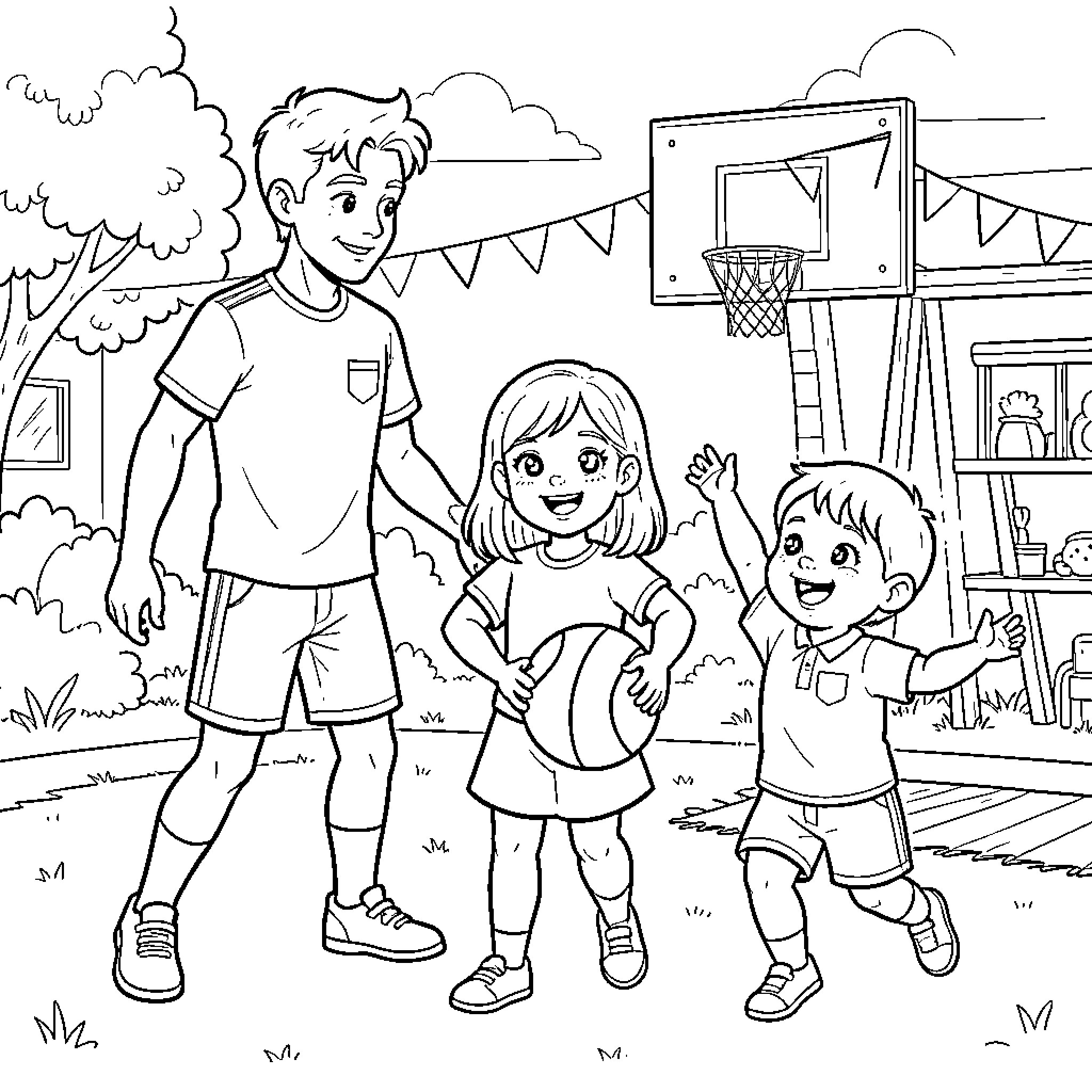 Niño happily playing with friends outdoors Coloring Page (free black-and-white line drawing printable PDF for all, from beginners to advanced learners, including children, teens, adults, and seniors)