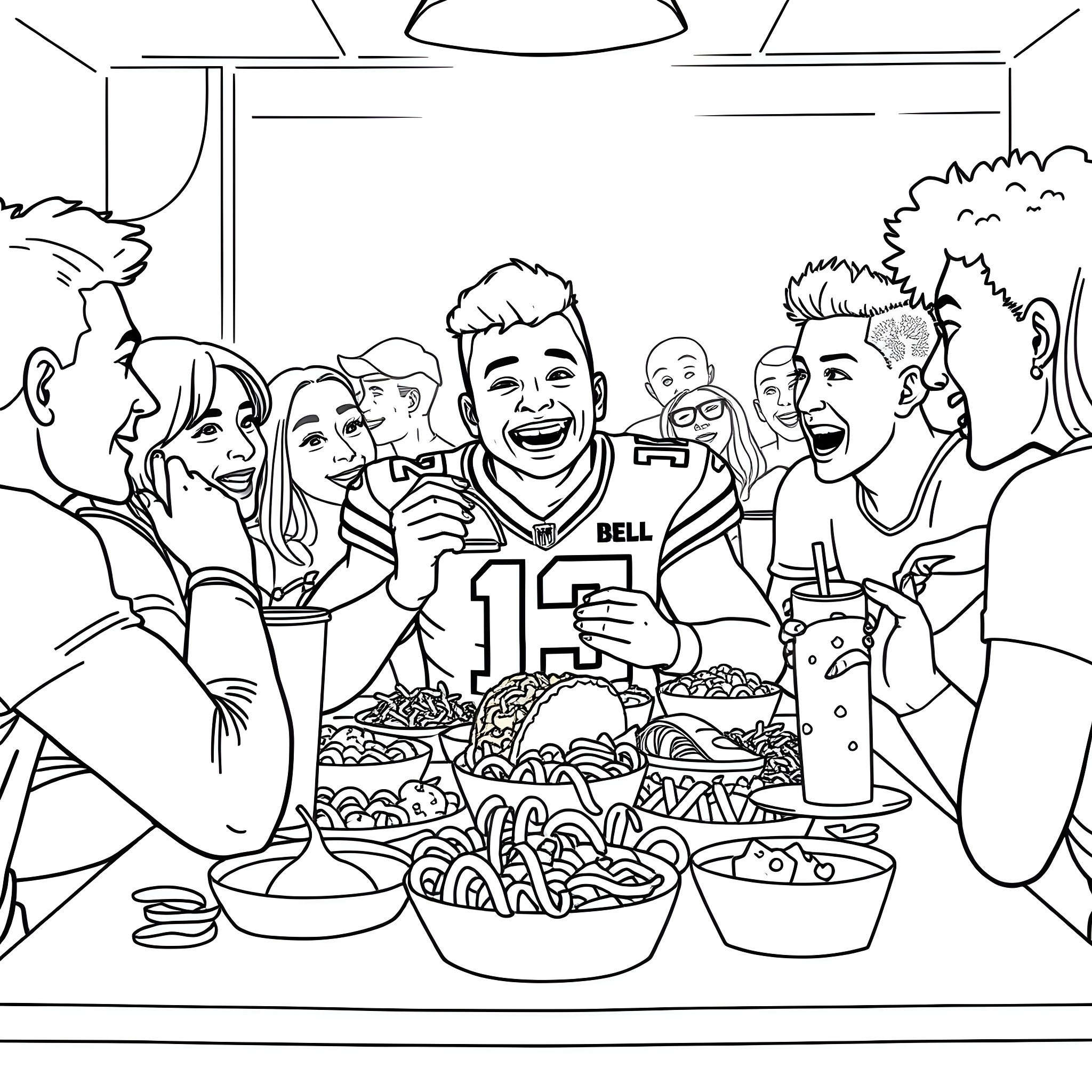 Patrick Mahomes enjoying a meal with friends Coloring Page (free black-and-white line drawing printable PDF for all, from beginners to advanced learners, including children, teens, adults, and seniors)