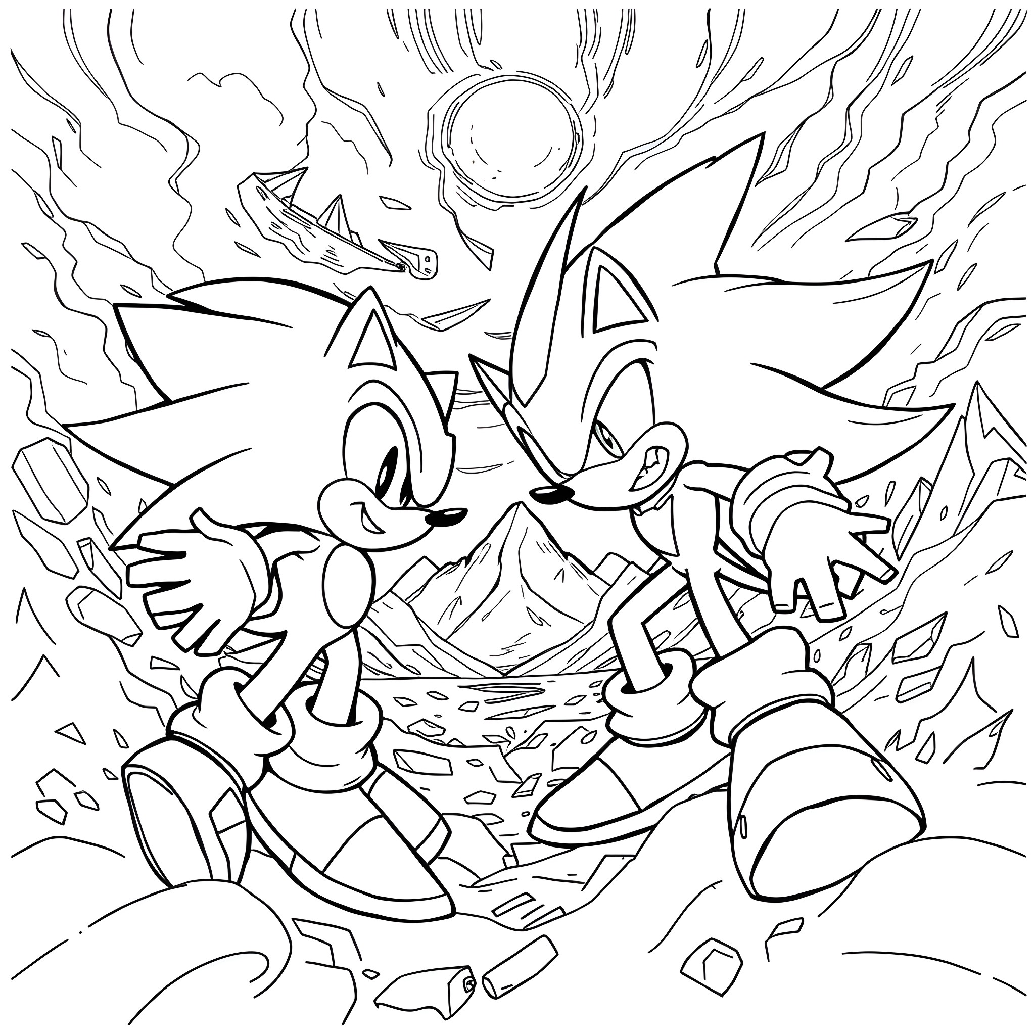 Sonic and friends exploring the rugged terrain Coloring Page (free black-and-white line drawing printable PDF for all, from beginners to advanced learners, including children, teens, adults, and seniors)