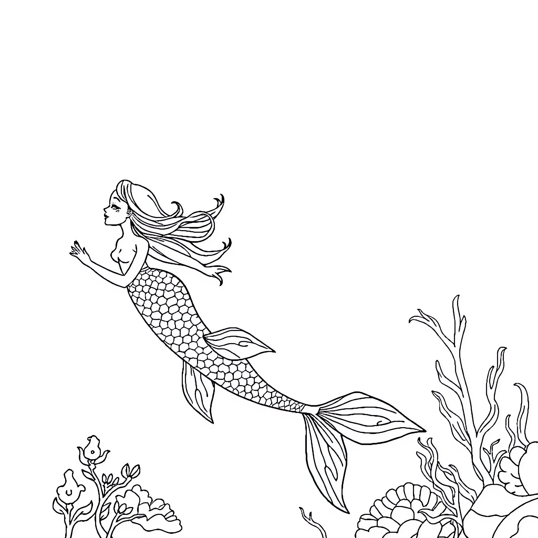 Mermaid swimming gracefully through the underwater sea Coloring Page (free black-and-white line drawing printable PDF for all, from beginners to advanced learners, including children, teens, adults, and seniors)