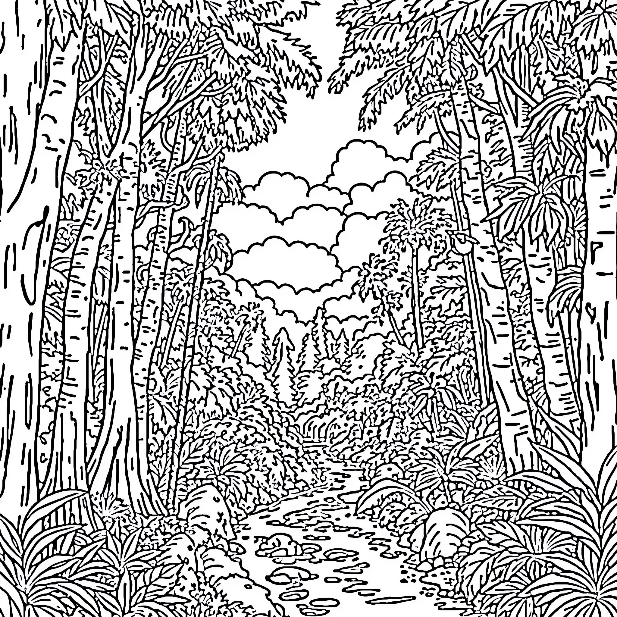 Rainforest path through lush vegetation Coloring Page (free black-and-white line drawing printable PDF for all, from beginners to advanced learners, including children, teens, adults, and seniors)