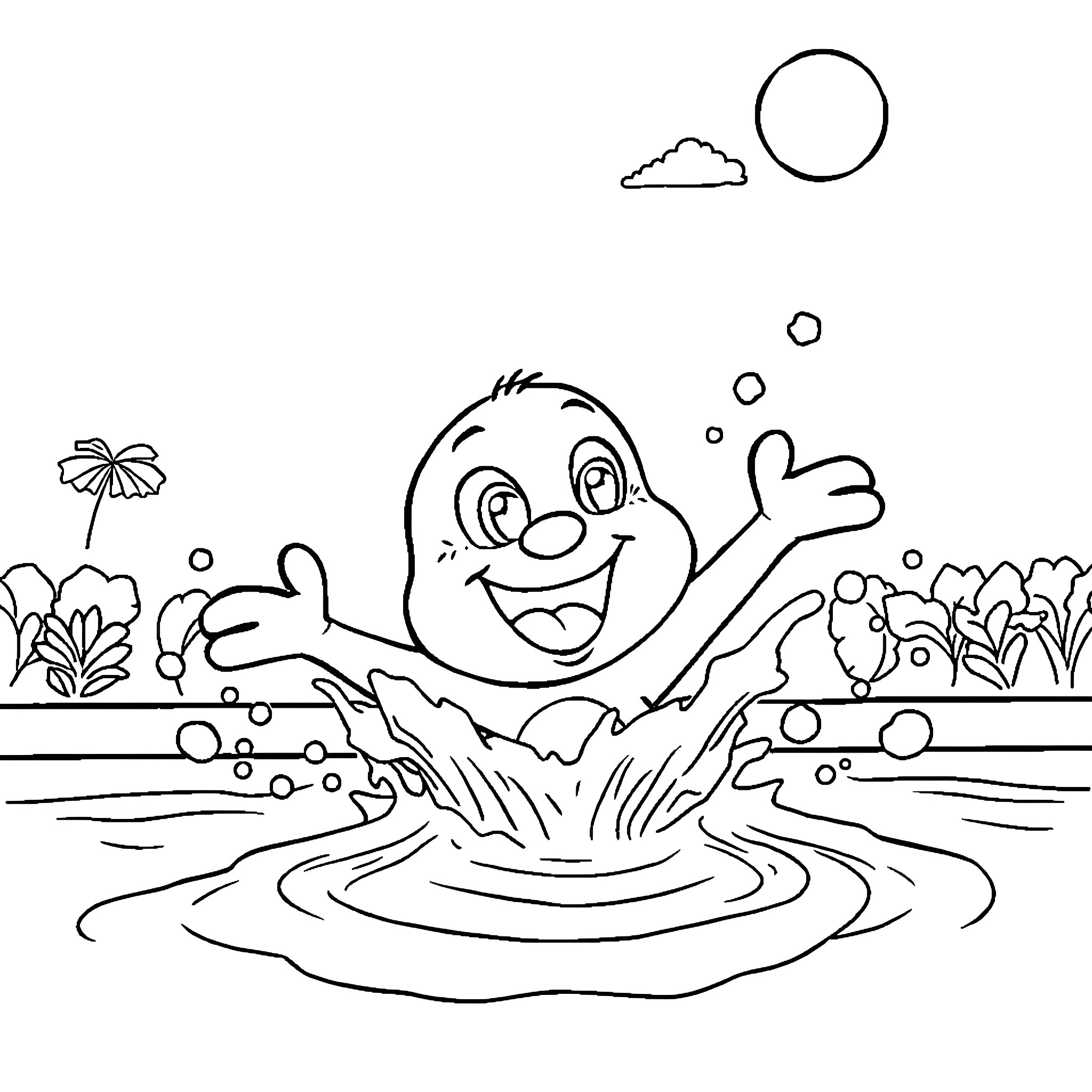 Bluey splashing happily in the water Coloring Page (free black-and-white line drawing printable PDF for all, from beginners to advanced learners, including children, teens, adults, and seniors)