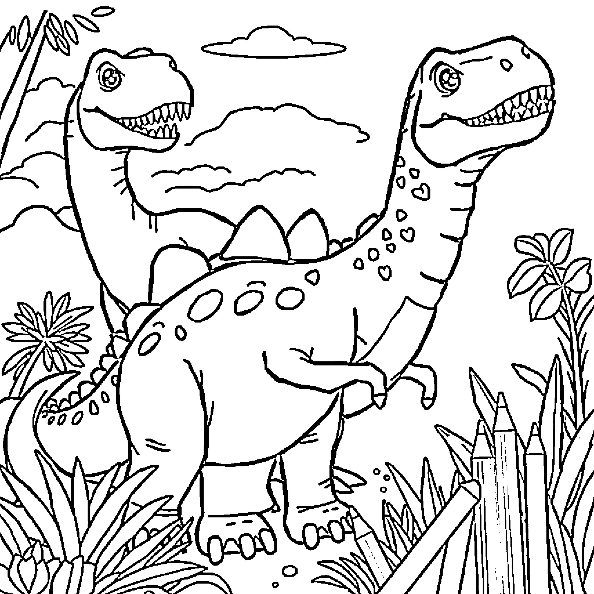 Dinosaurs playing in prehistoric landscape Coloring Page (free black-and-white line drawing printable PDF for all, from beginners to advanced learners, including children, teens, adults, and seniors)