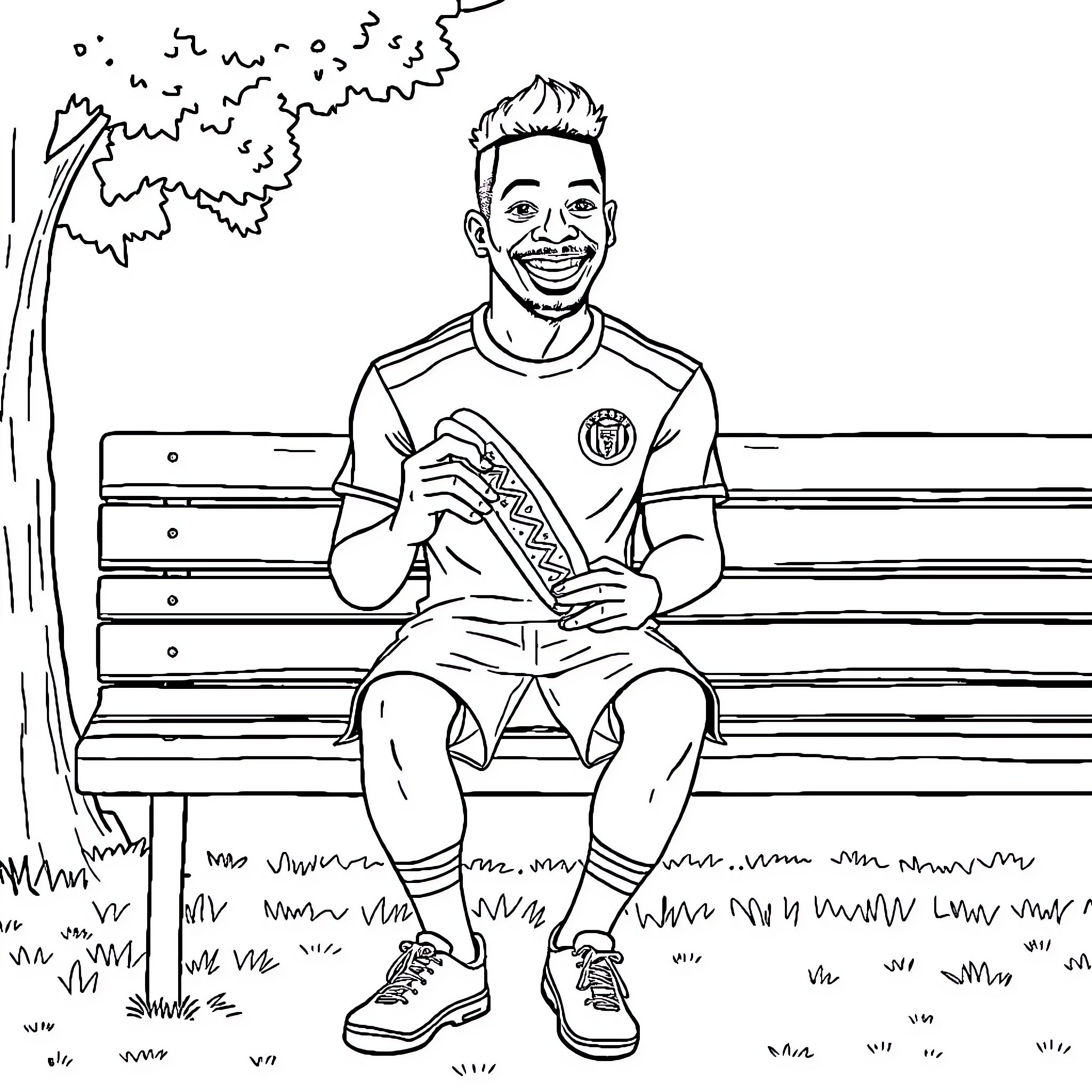 Mbappe relaxing on a park bench Coloring Page (free black-and-white line drawing printable PDF for all, from beginners to advanced learners, including children, teens, adults, and seniors)