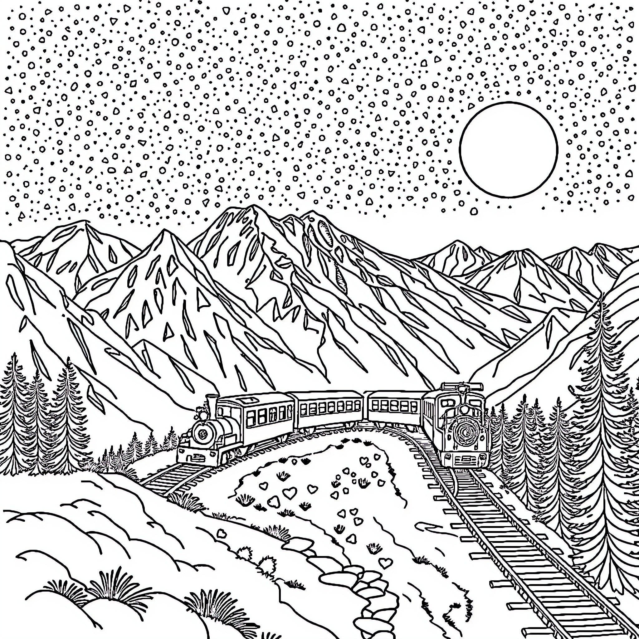 Train Travels Through Snowy Mountain Landscape Coloring Page (free black-and-white line drawing printable PDF for all, from beginners to advanced learners, including children, teens, adults, and seniors)