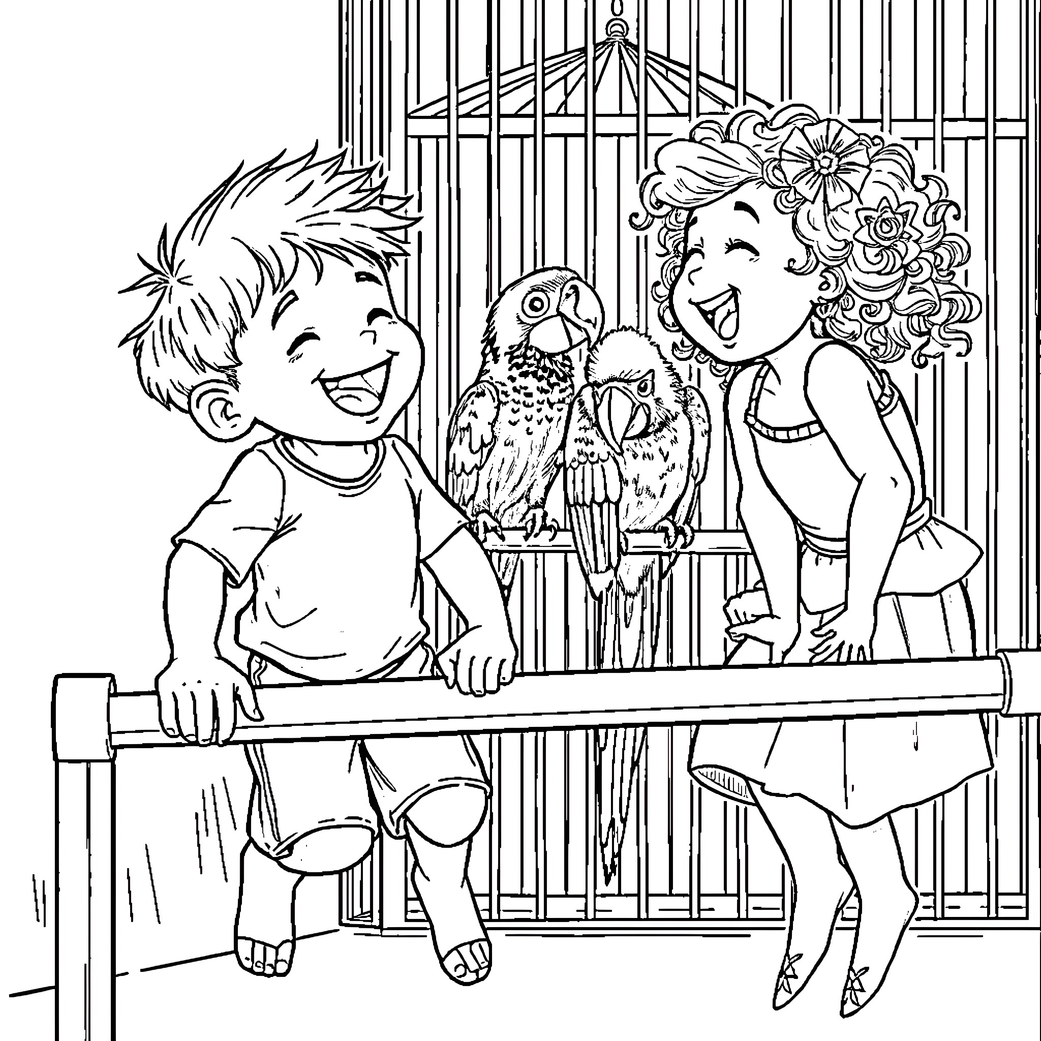 Child interacting with pet bird in cage Coloring Page (free black-and-white line drawing printable PDF for all, from beginners to advanced learners, including children, teens, adults, and seniors)