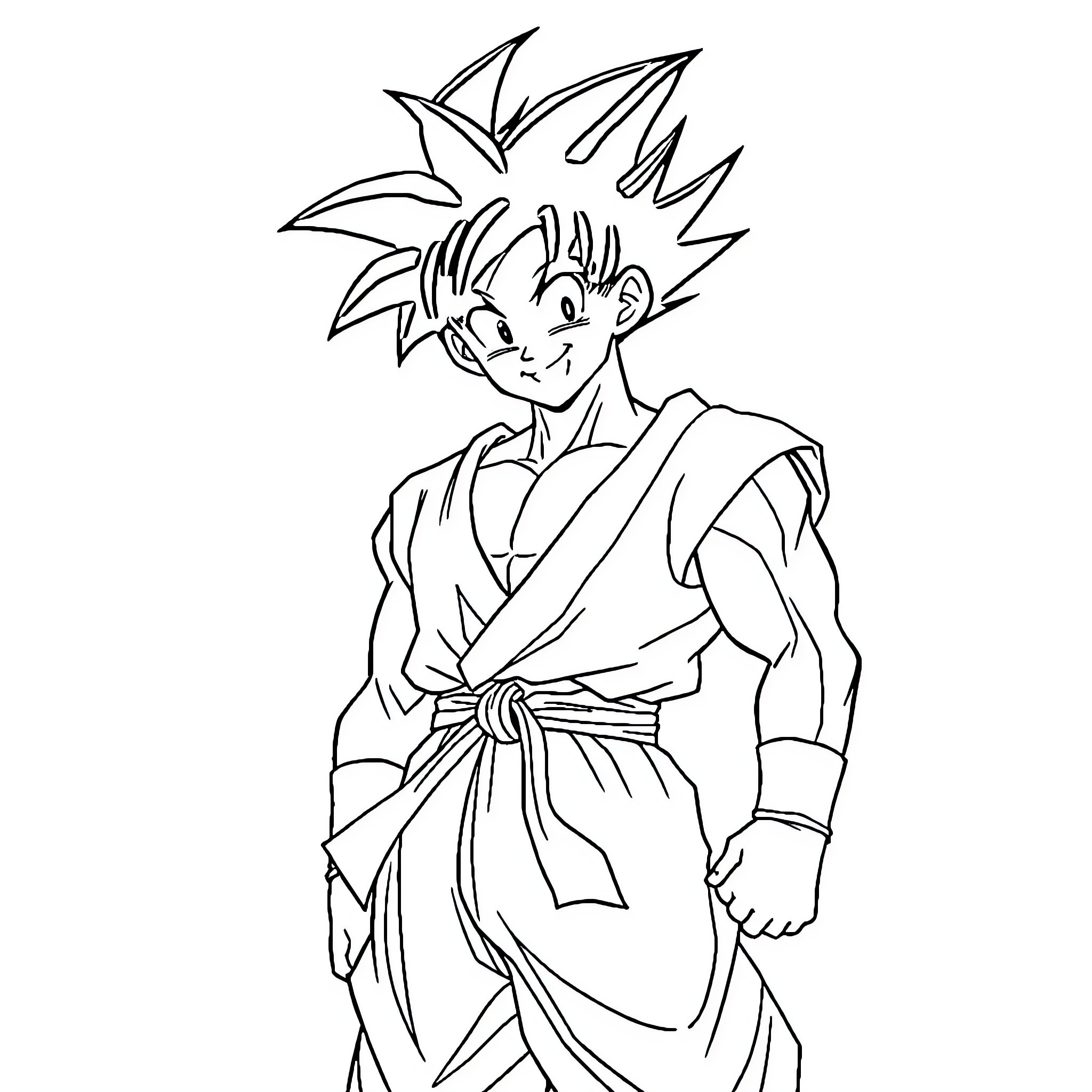 Son Goku in dynamic martial arts pose Coloring Page (free black-and-white line drawing printable PDF for all, from beginners to advanced learners, including children, teens, adults, and seniors)