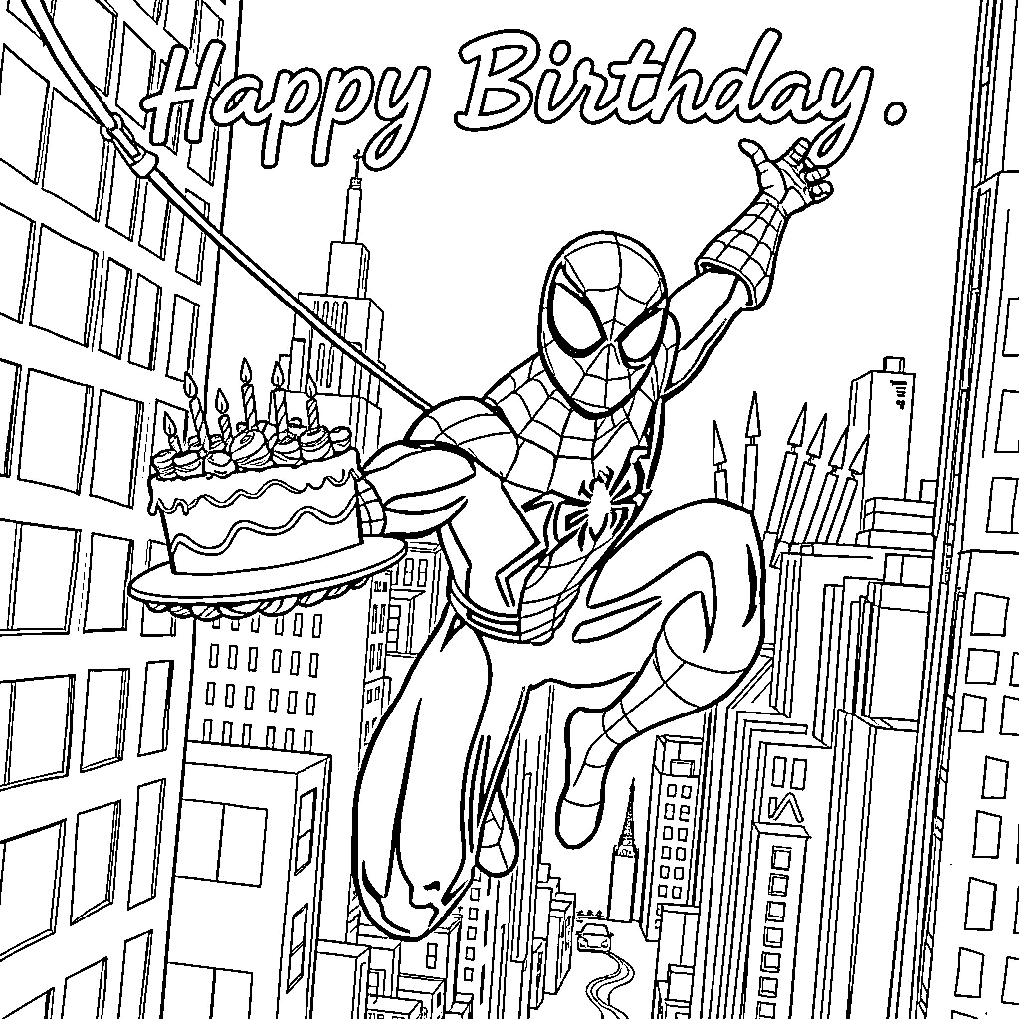 Spiderman swinging with birthday cake in the city Coloring Page (free black-and-white line drawing printable PDF for all, from beginners to advanced learners, including children, teens, adults, and seniors)