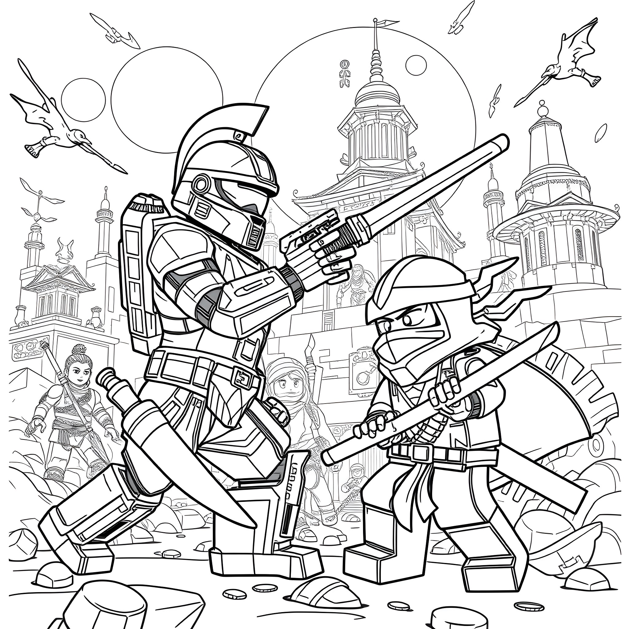 Halo Ninjas in Action City Scene Coloring Page (free black-and-white line drawing printable PDF for all, from beginners to advanced learners, including children, teens, adults, and seniors)