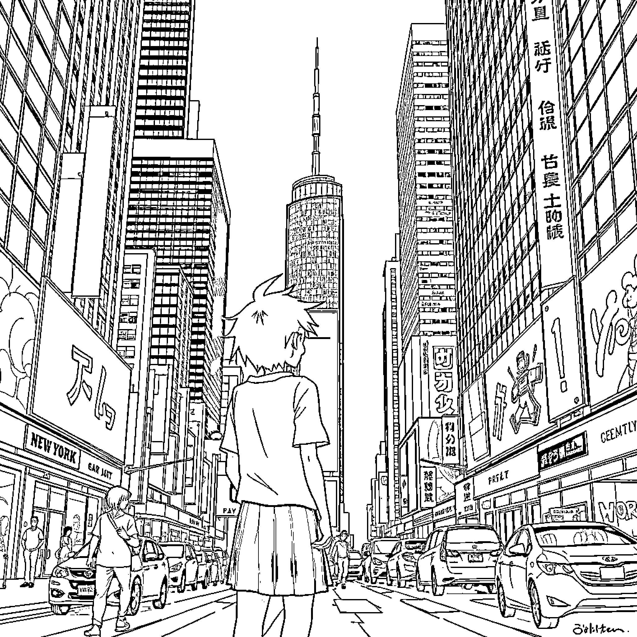 Ayanokoji exploring the bustling city streets Coloring Page (free black-and-white line drawing printable PDF for all, from beginners to advanced learners, including children, teens, adults, and seniors)