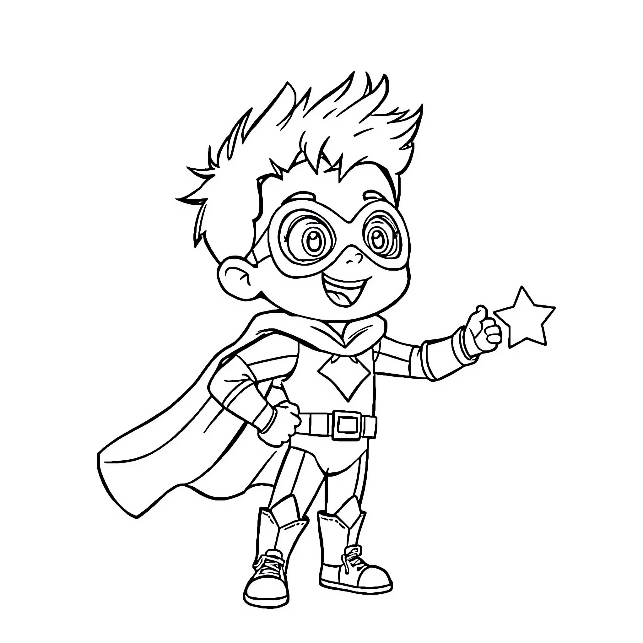 Boboiboy superhero posing with star Coloring Page (free black-and-white line drawing printable PDF for all, from beginners to advanced learners, including children, teens, adults, and seniors)