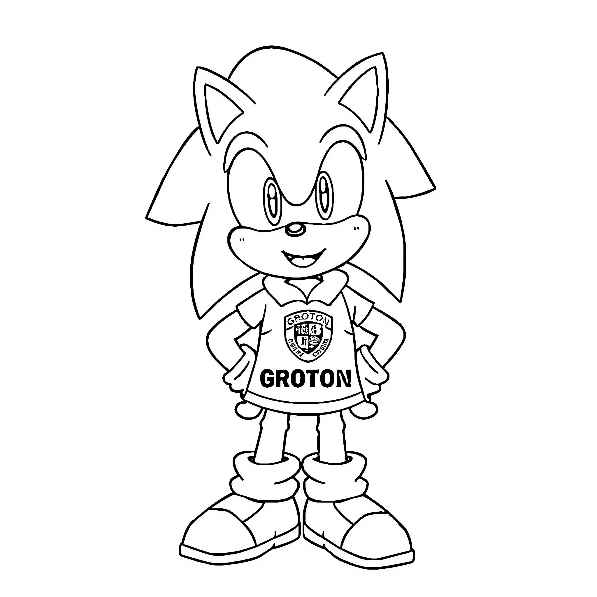 Sonic character in cheerful pose with Groton logo Coloring Page (free black-and-white line drawing printable PDF for all, from beginners to advanced learners, including children, teens, adults, and seniors)