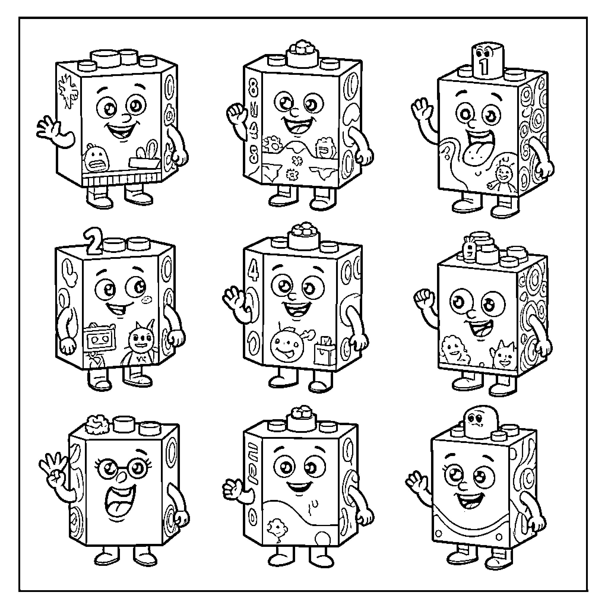 Numberblocks characters with various expressions and poses Coloring Page (free black-and-white line drawing printable PDF for all, from beginners to advanced learners, including children, teens, adults, and seniors)