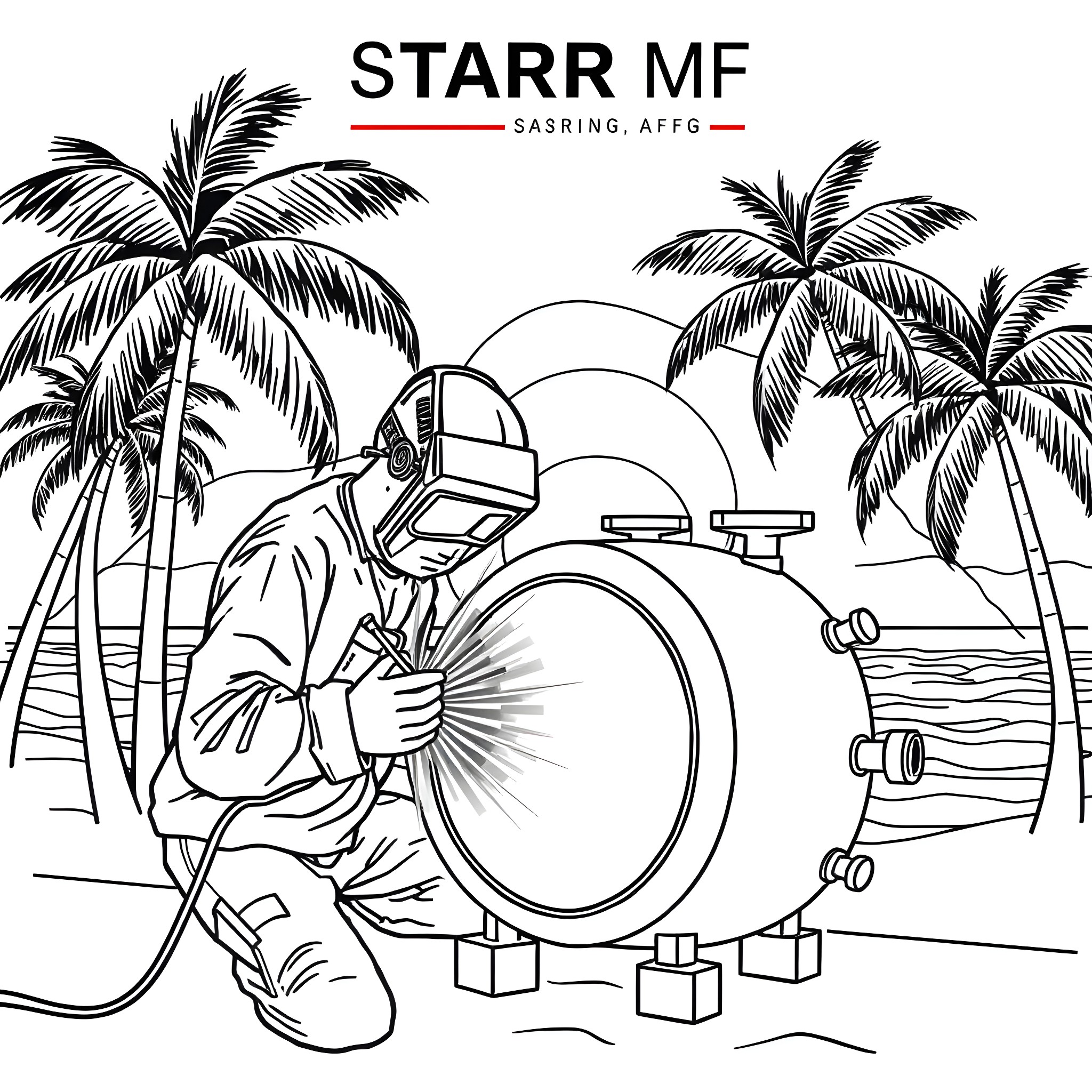 Man in scuba gear exploring tropical landscape Coloring Page (free black-and-white line drawing printable PDF for all, from beginners to advanced learners, including children, teens, adults, and seniors)