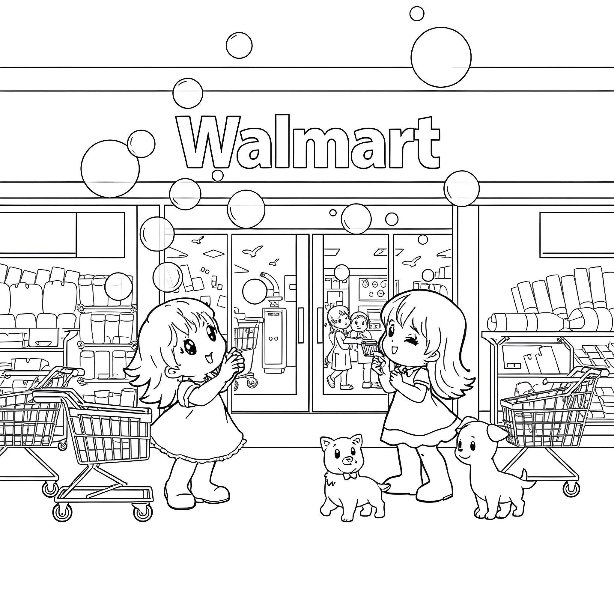 Precious Moments at the Walmart Store Coloring Page (free black-and-white line drawing printable PDF for all, from beginners to advanced learners, including children, teens, adults, and seniors)