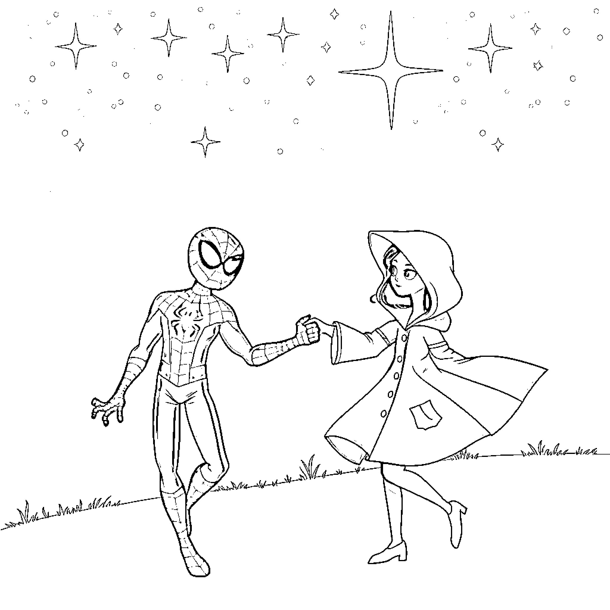 Spider-Man meeting friendly neighborhood girl in the park Coloring Page (free black-and-white line drawing printable PDF for all, from beginners to advanced learners, including children, teens, adults, and seniors)