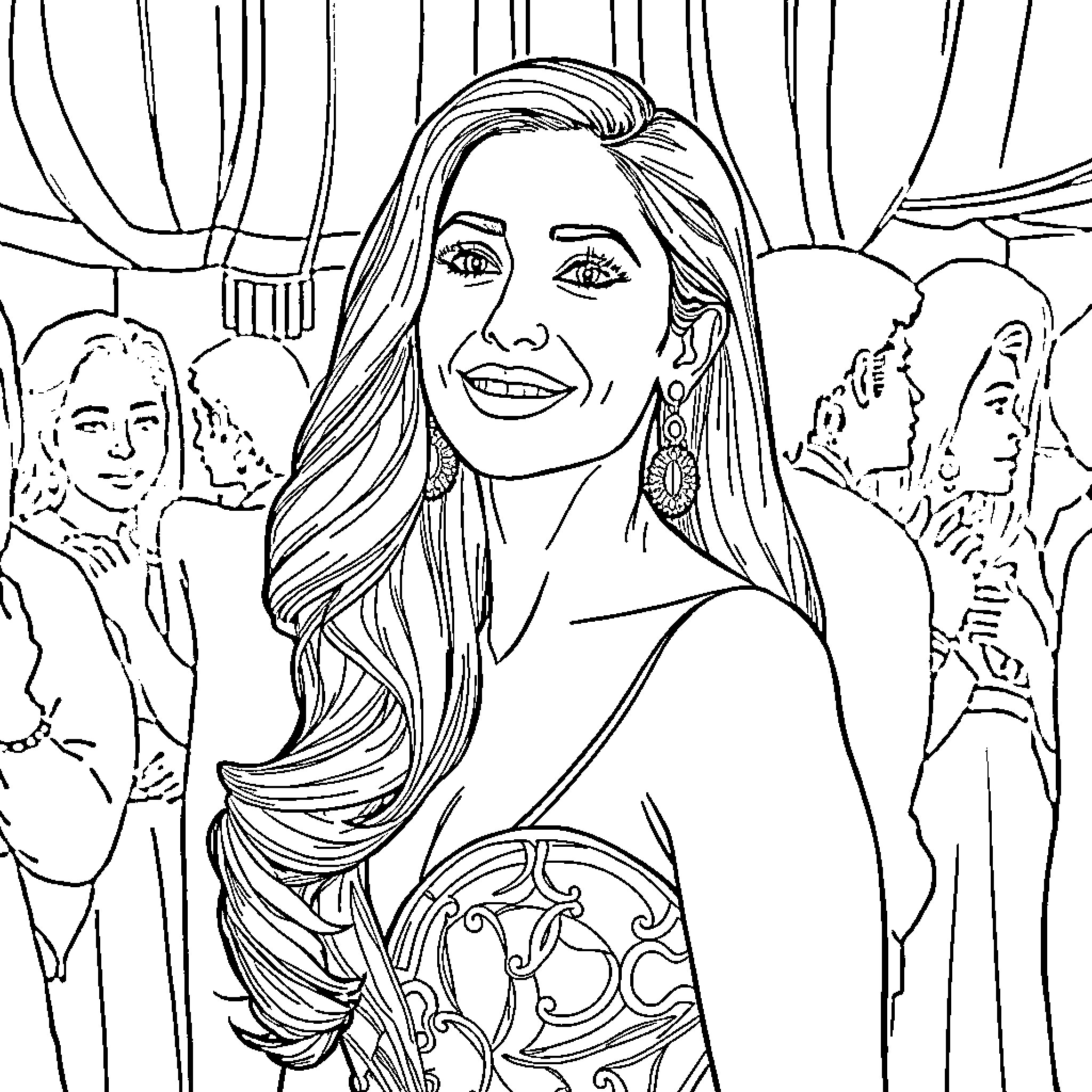 Salma Hayek posing elegantly in a stage setting Coloring Page (free black-and-white line drawing printable PDF for all, from beginners to advanced learners, including children, teens, adults, and seniors)