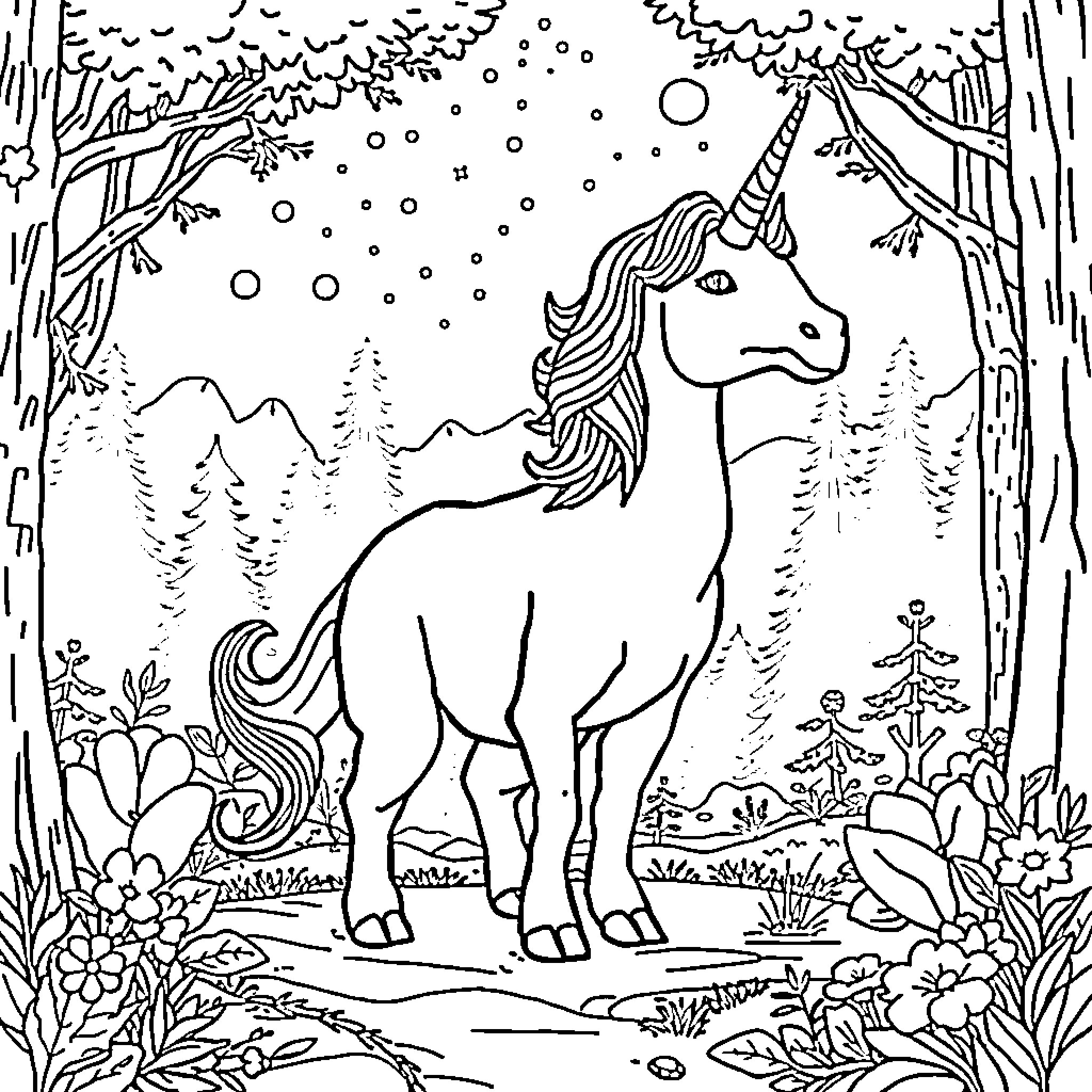 Unicorn Dinosaur exploring a magical forest Coloring Page (free black-and-white line drawing printable PDF for all, from beginners to advanced learners, including children, teens, adults, and seniors)