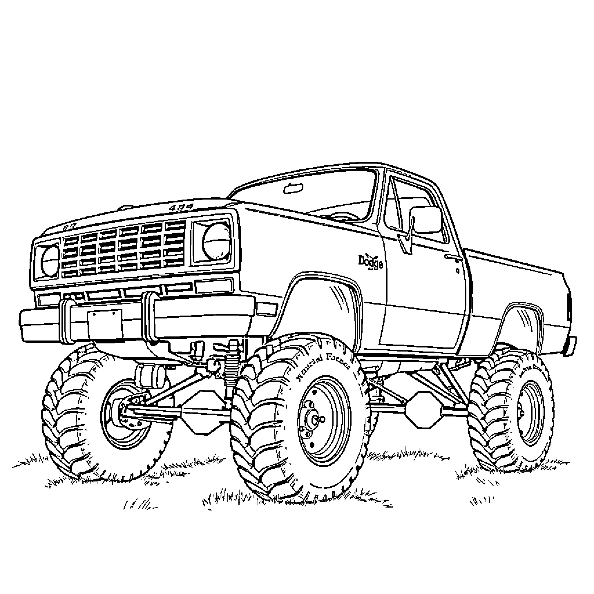 Dodge Monster Truck Conquering Rugged Terrain Coloring Page (free black-and-white line drawing printable PDF for all, from beginners to advanced learners, including children, teens, adults, and seniors)