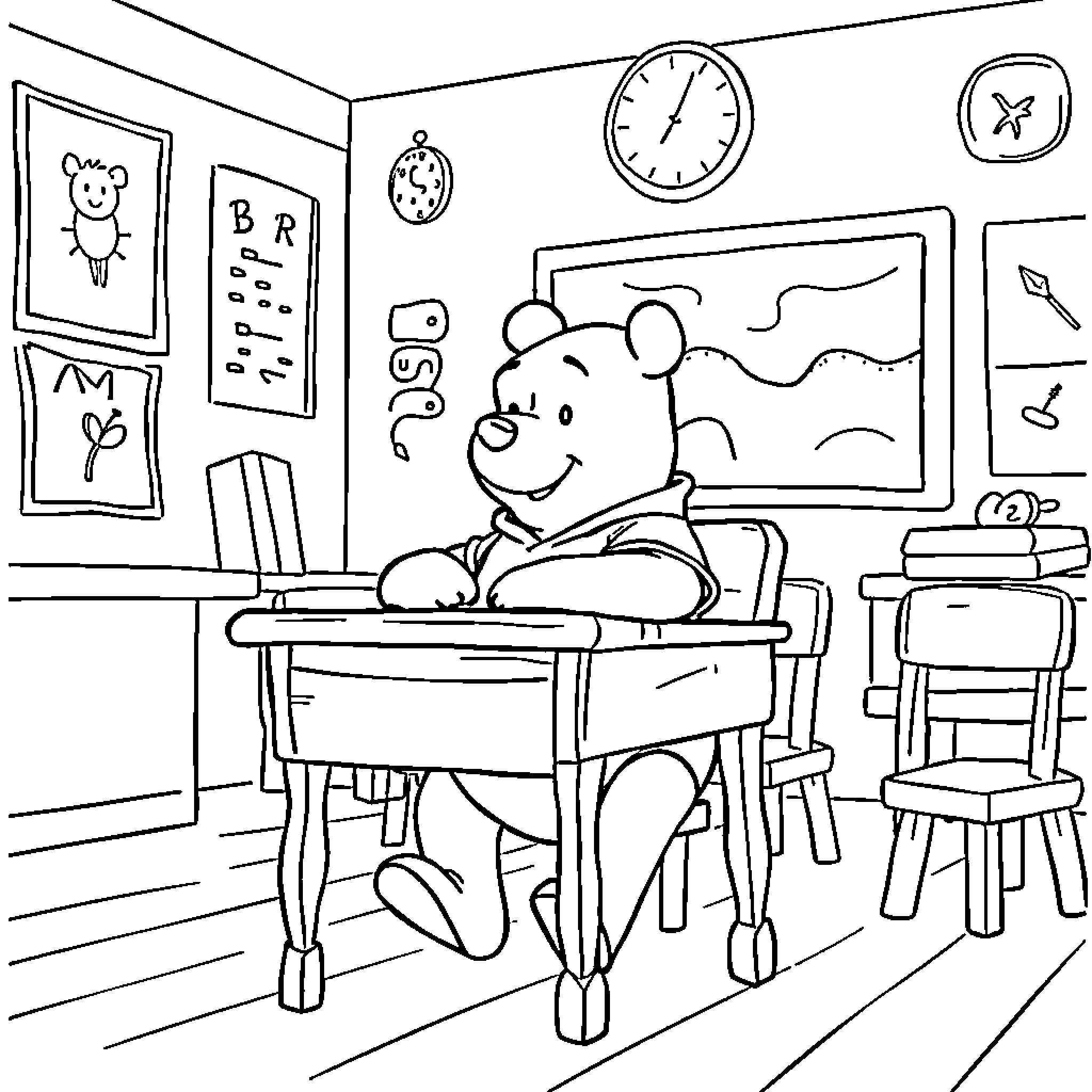Pooh's School Adventure Coloring Page (free black-and-white line drawing printable PDF for all, from beginners to advanced learners, including children, teens, adults, and seniors)