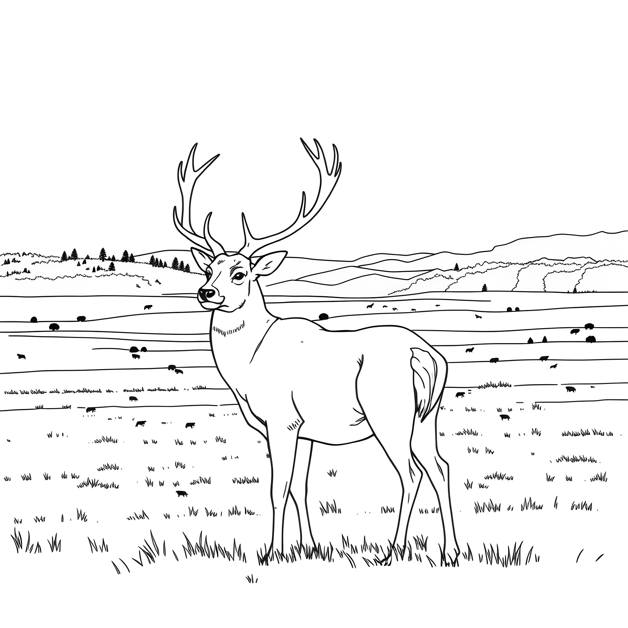 Deer standing majestically in the wilderness Coloring Page (free black-and-white line drawing printable PDF for all, from beginners to advanced learners, including children, teens, adults, and seniors)